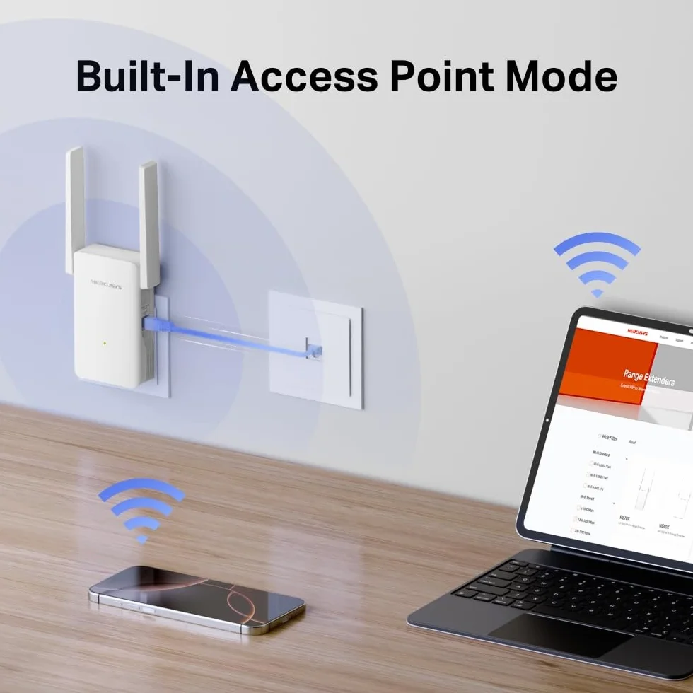 Mercusys ME80X | Wzmacniacz Zasięgu Wi-Fi 6 AX3000 Dual-Band | 2402 Mb/s (5 GHz) + 574 Mb/s (2,4 GHz) | Kompatybilny z EasyMesh | Port Gigabit Ethernet | Tryb Punktu Dostępowego