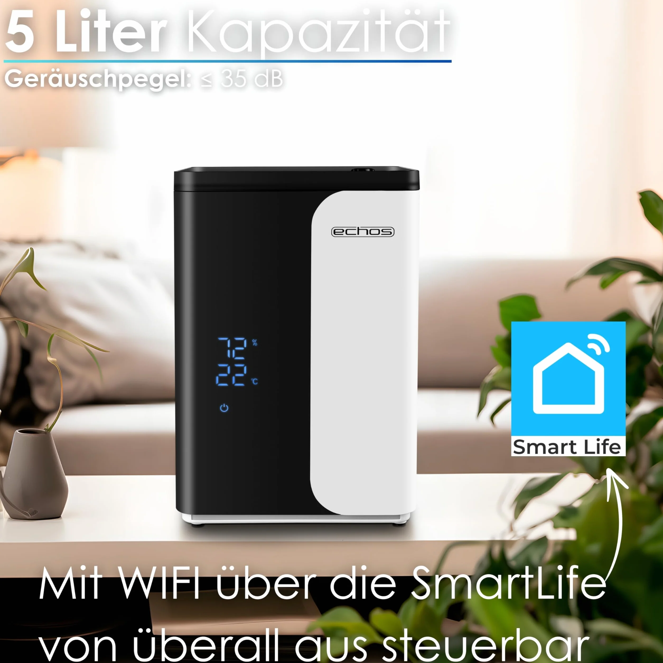 Ultradźwiękowy nawilżacz powietrza, 5 litrów, aplikacja WiFi, Smart Life, zdalne sterowanie, oczyszczacz powietrza, wbudowany higrometr, wyświetlacz dotykowy LED, 12 h, timer, tryb nocny, funkcja