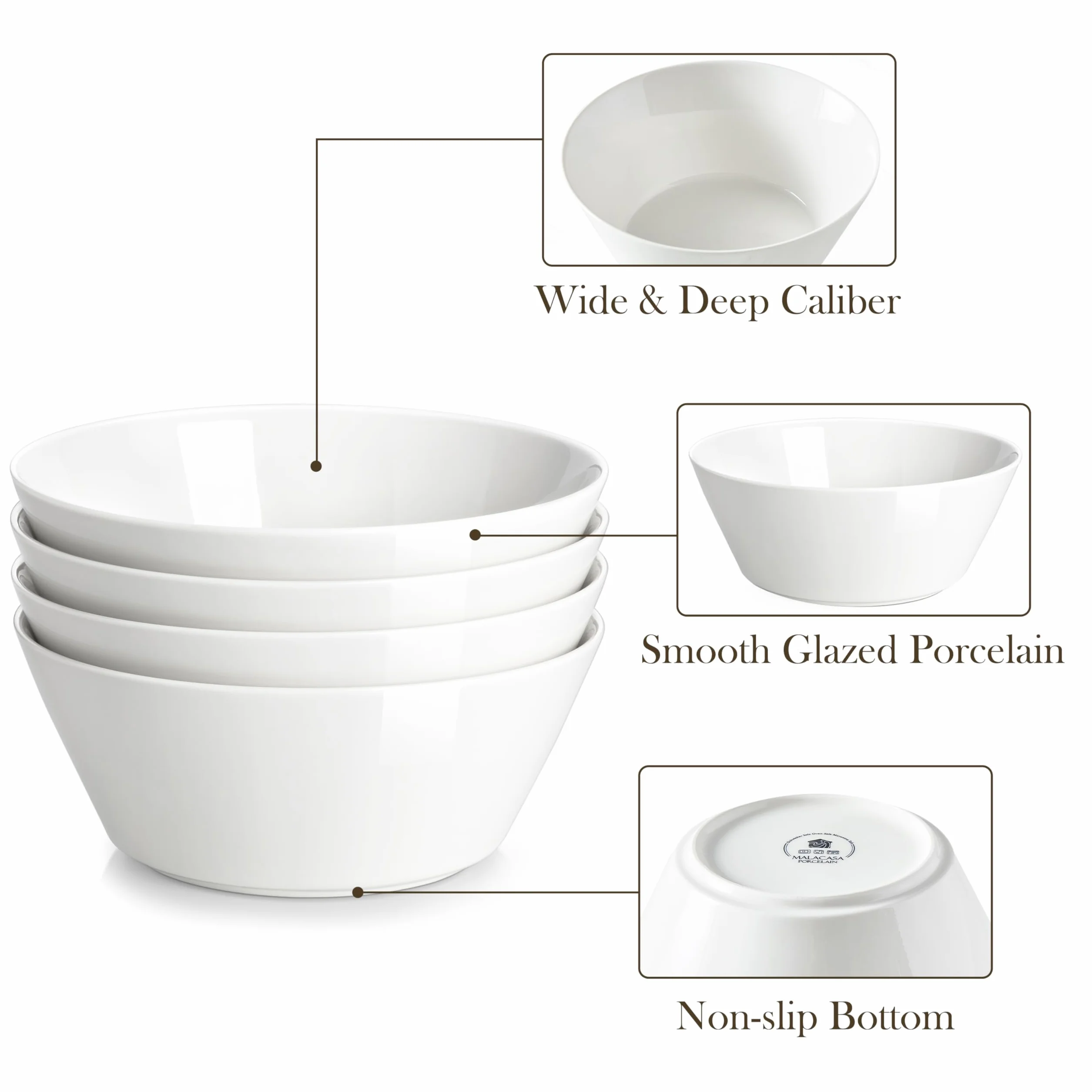 MALACASA Zestaw ceramicznych misek do zupy, zestaw 4 x 1050 ml, głębokie miseczki koloru białego na ramen, musli, sałatki, owoce - nadają się do zmywarki i kuchenki mikrofalowej, seria REG-Decca