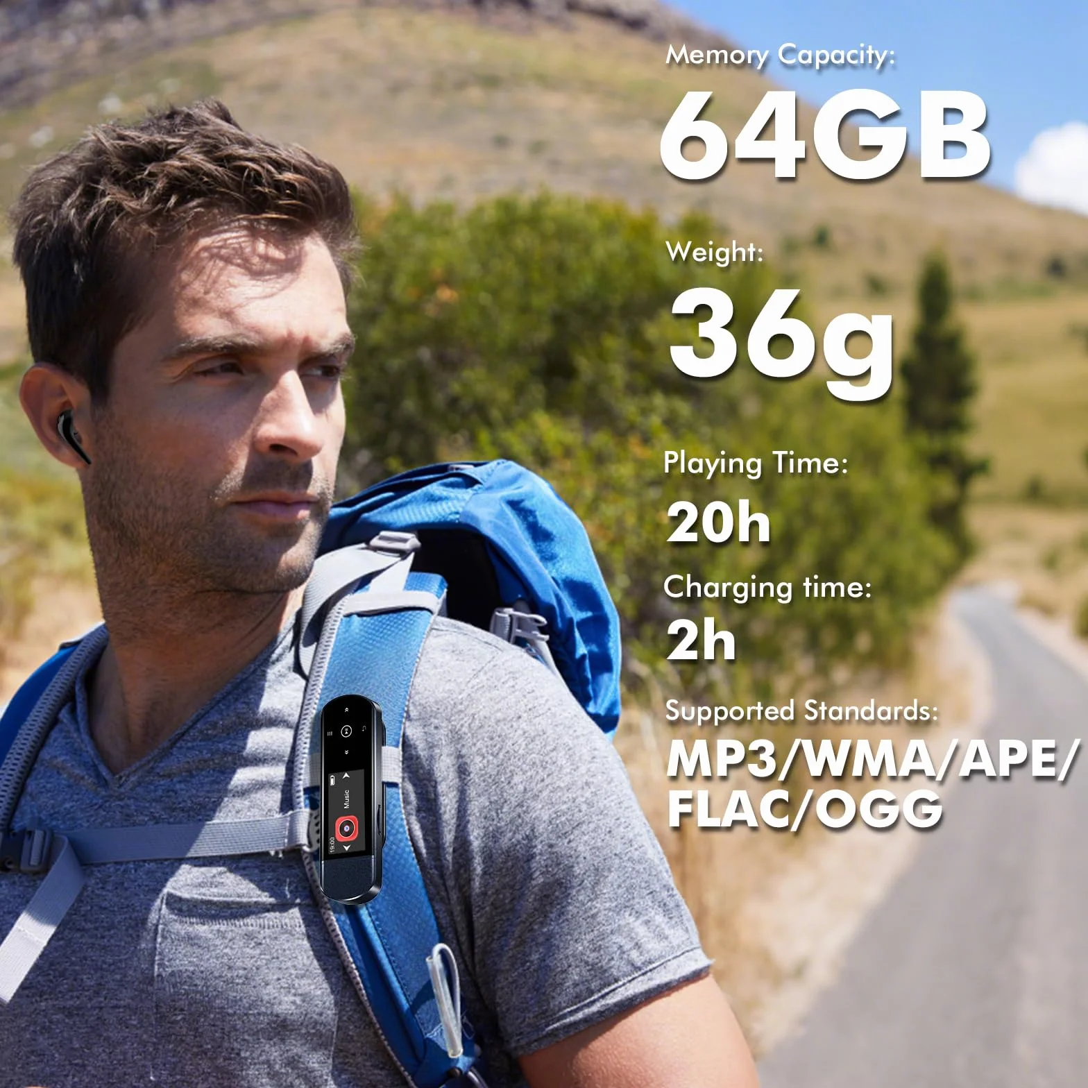 64GB Przenośny odtwarzacz MP3 z USB i Bluetooth 5.3, klips do sportu i biegania, radio FM, nagrywarka głosowa, przesyłanie plików z telefonu i cyfrowa funkcja losowania utworów