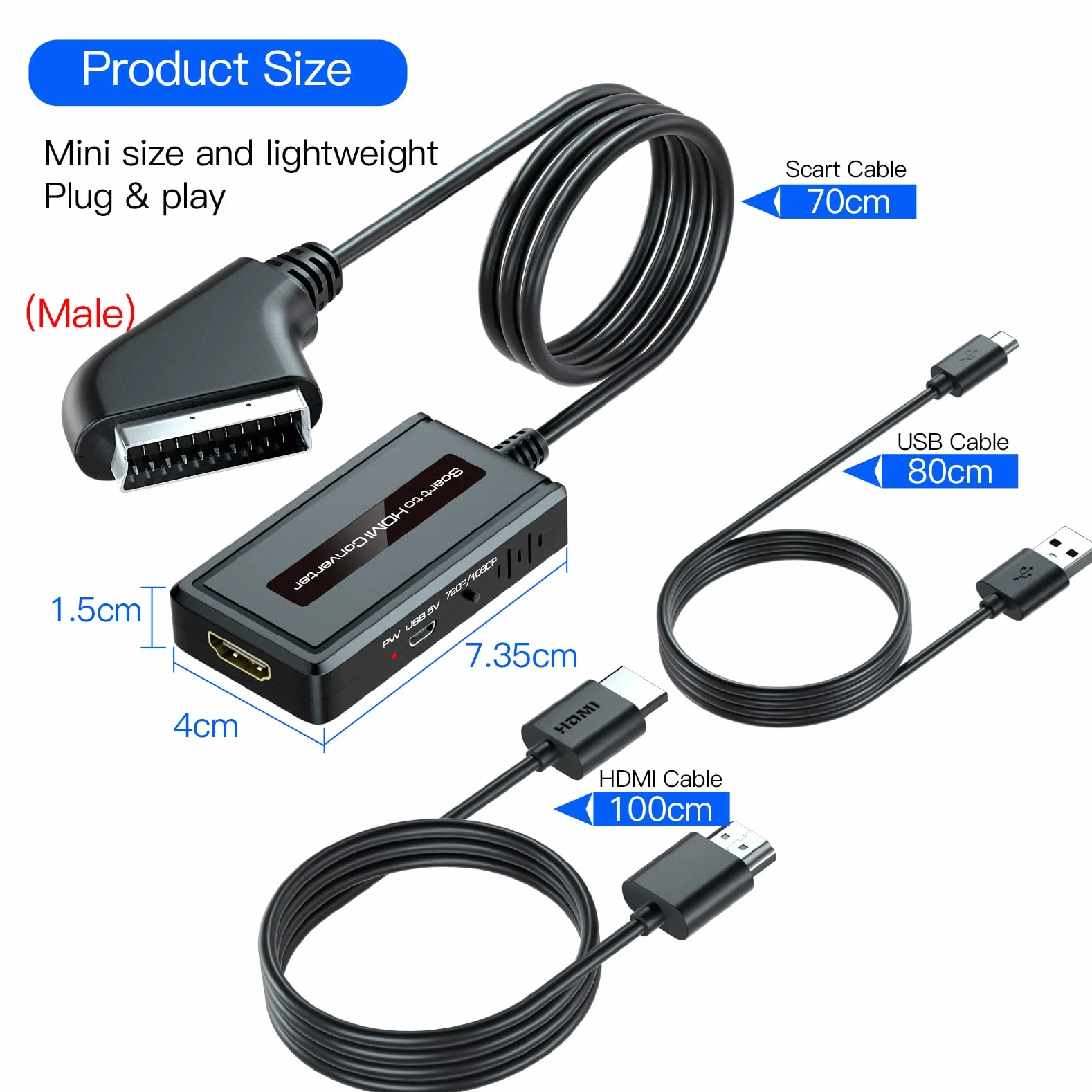 Konwerter SCART do HDMI z Przełącznikiem 720P/1080P dla DVD/STB/Sky - Adapter Eurojack z Zintegrowanym Kablem