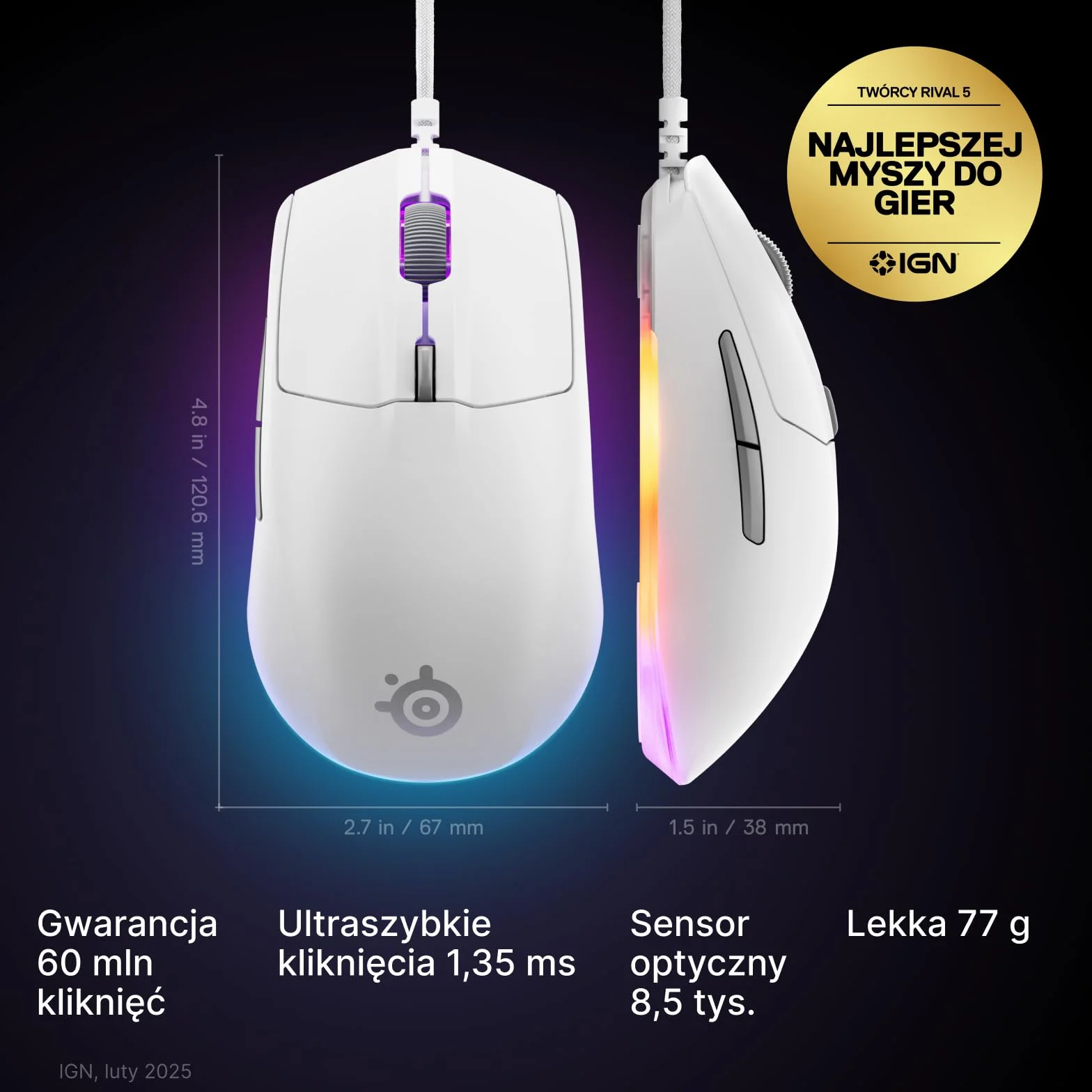 SteelSeries mysz do gier Rival 3 Gen 2 – Sensor optyczny TrueMove Core 8500 DPI – Wytrzymałość do 60 milionów kliknięć – Niskie opóźnienie kliknięć –Niska waga 77 g – Ślizgacze 100% PTFE – RGB -Biała