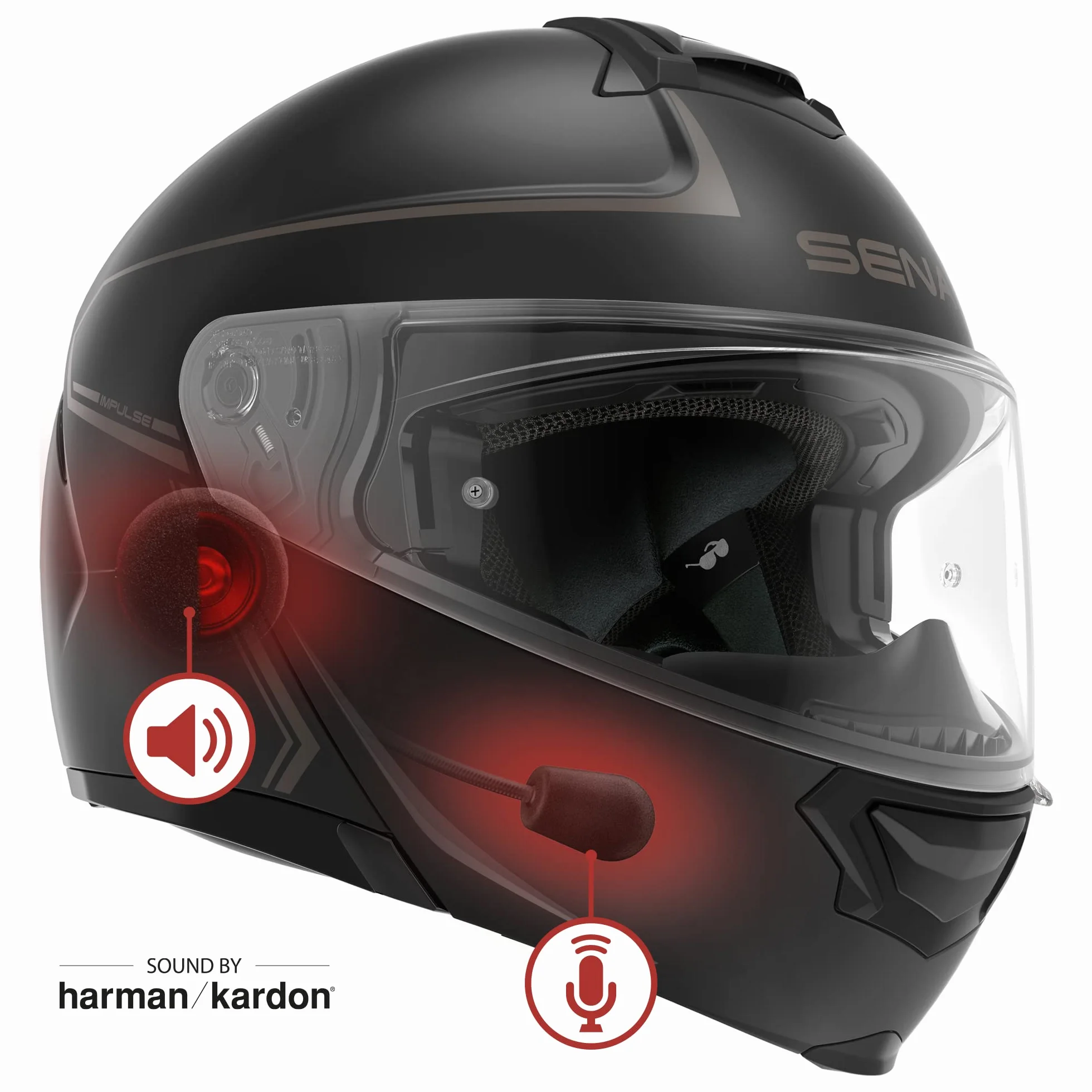 Sena Impulse Flip Up modułowy kask Bluetooth z dźwiękiem firmy Harman Kardon podwójny daszek kask ze zintegrowanym siatkowym systemem domofonowym, MP3, tarcza głosowa (