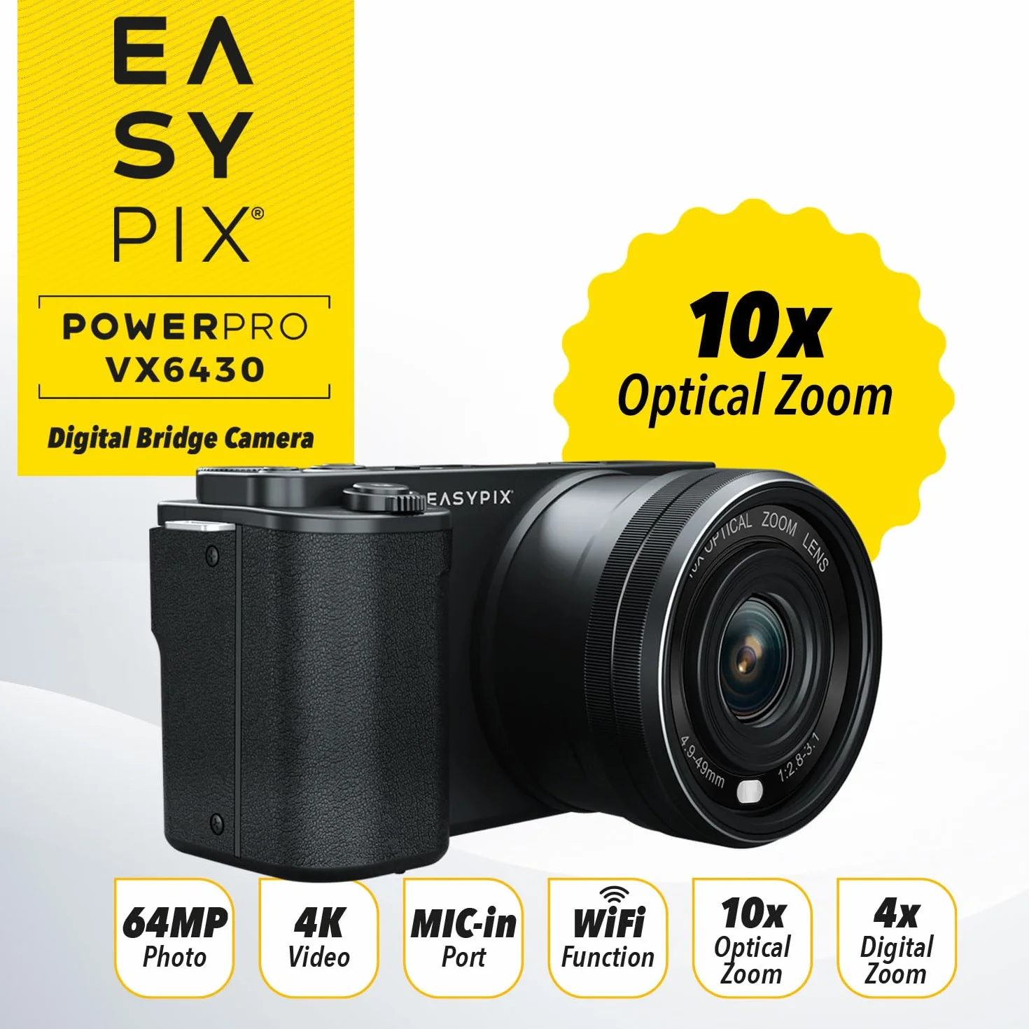 Easypix PowerPro VX6430, kompaktowa kamera systemowa z WiFi, 10 x zoom optyczny, rozdzielczość do 64 MP, wyświetlacz 2,8", złącze mikrofonowe