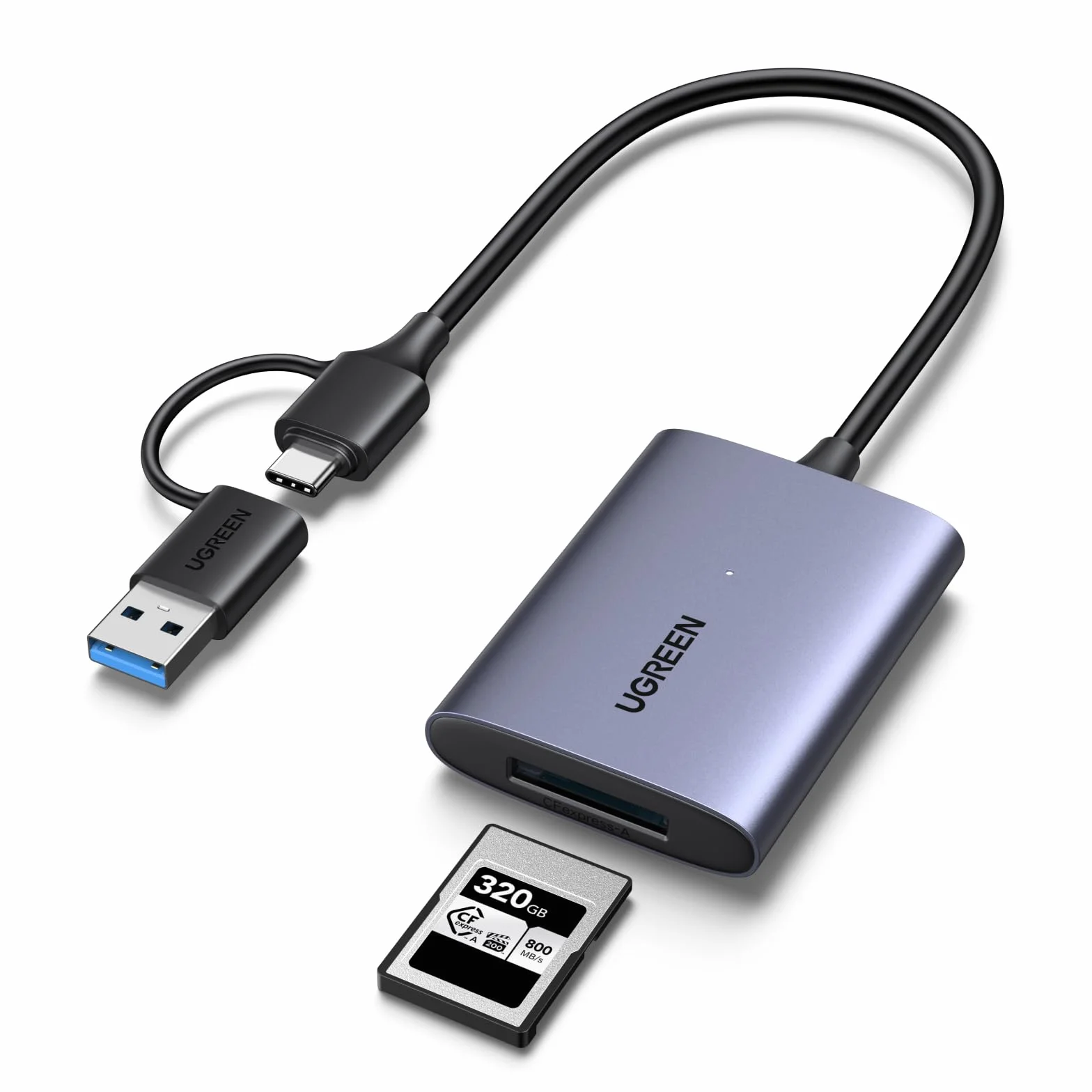 UGREEN USB-C na CFexpress Type A czytnik kart z portem USB-A i C, 10 Gb/s do 1250 MB/s, kompatybilny z kartami CFexpress B do filmów 8K, Mac, Windows, Linux, laptop, tablet, aluminiowa obudowa