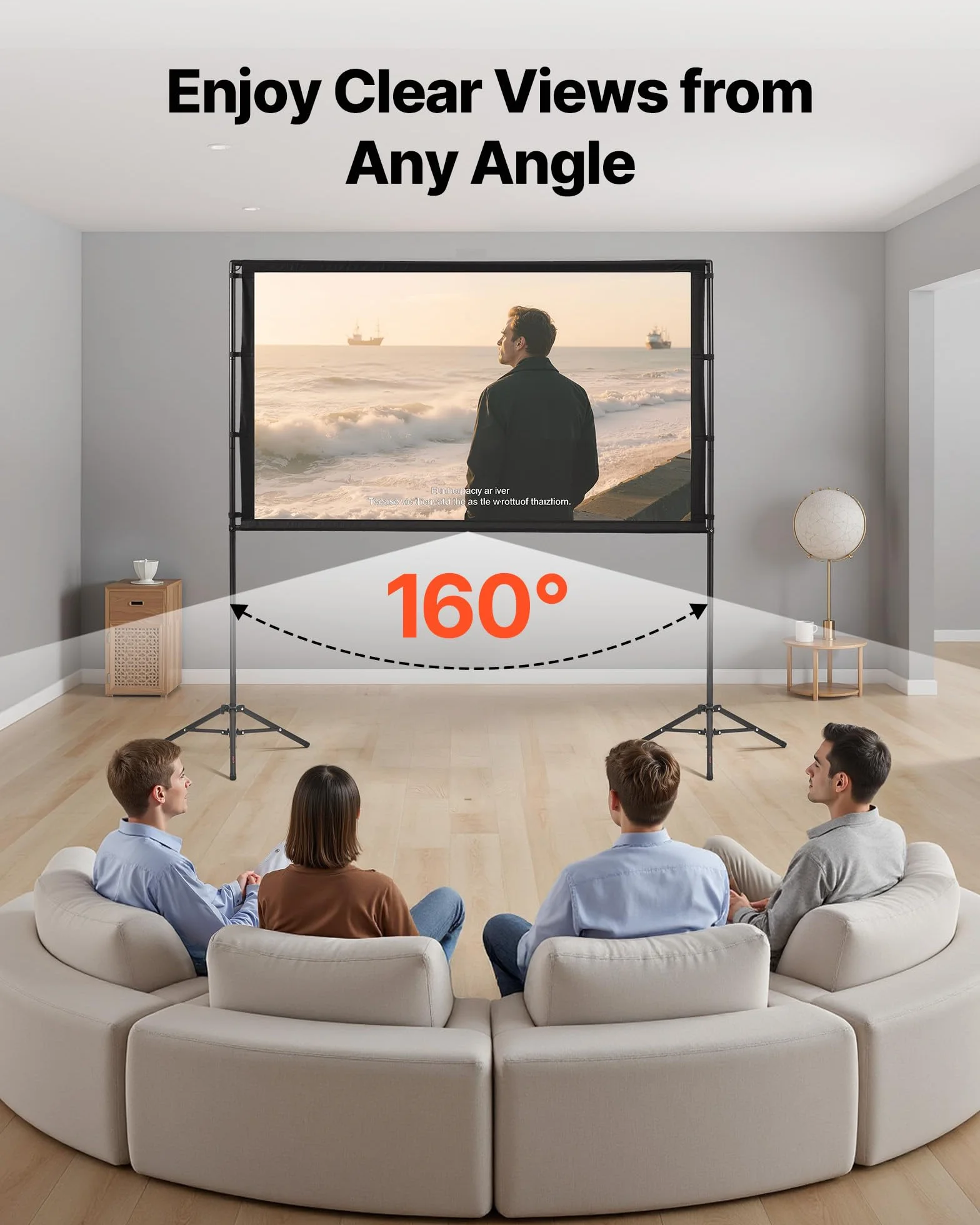 VEVOR Ekran projektora z podstawką, ekran projekcyjny o szerokim kącie ok. 2133,6 mm, przenośny do użytku wewnątrz i na zewnątrz, 160°, 4K HD 16:9, podwójny statyw z torbą transportową