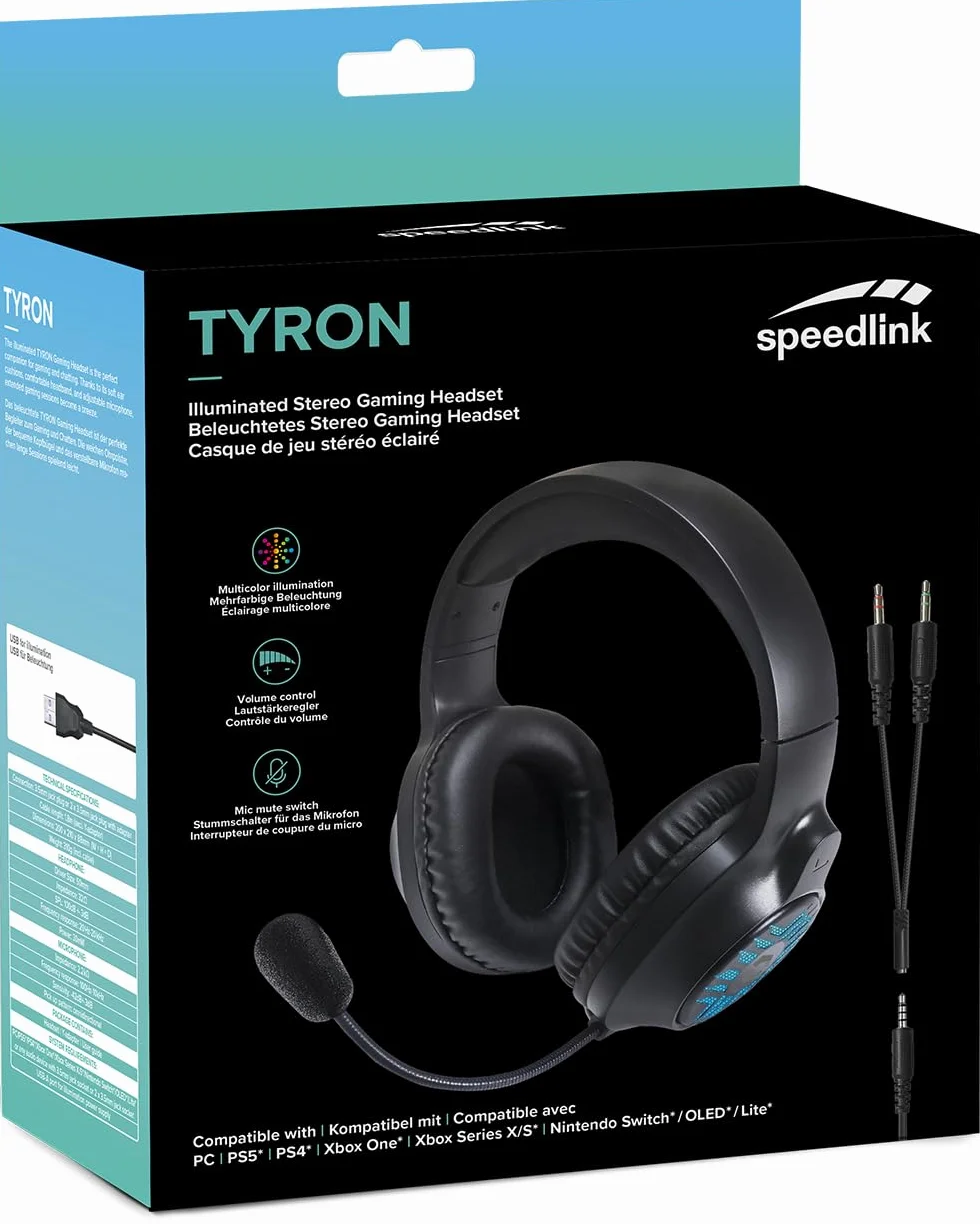 Speedlink TYRON - Zestaw słuchawkowy do gier RGB z mikrofonem do komputera PC PS4/PS5/Xbox Series X/S/Switch, oświetlenie RGB, z kablem jack 3,5 mm, adapter Y, czarny