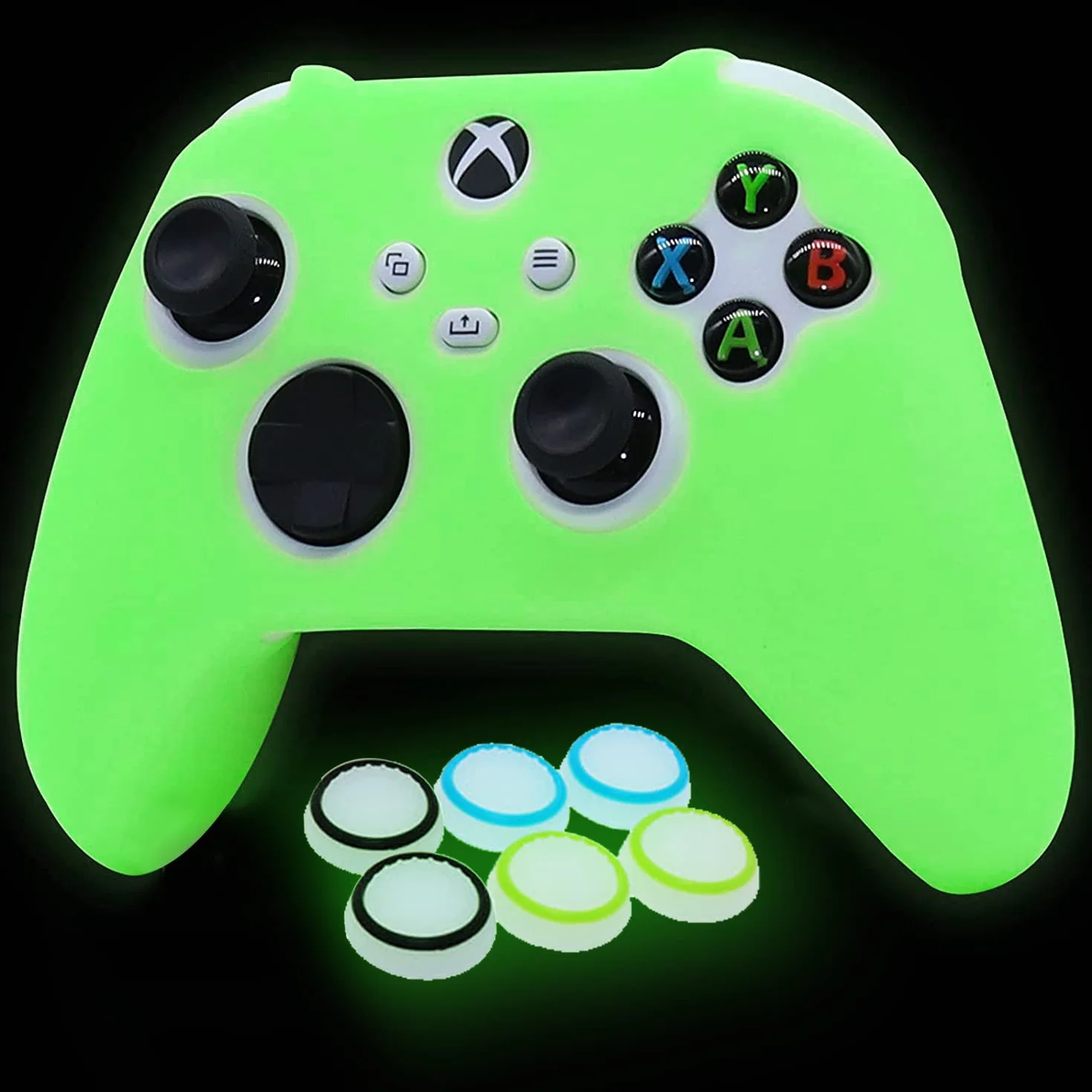 Świecąca w ciemności silikonowa osłona do kontrolera Xbox Series X, antypoślizgowa miękka gumowa osłona do kontrolera Xbox Series S z 6 nakładkami na kciuk świecąca w ciemności.