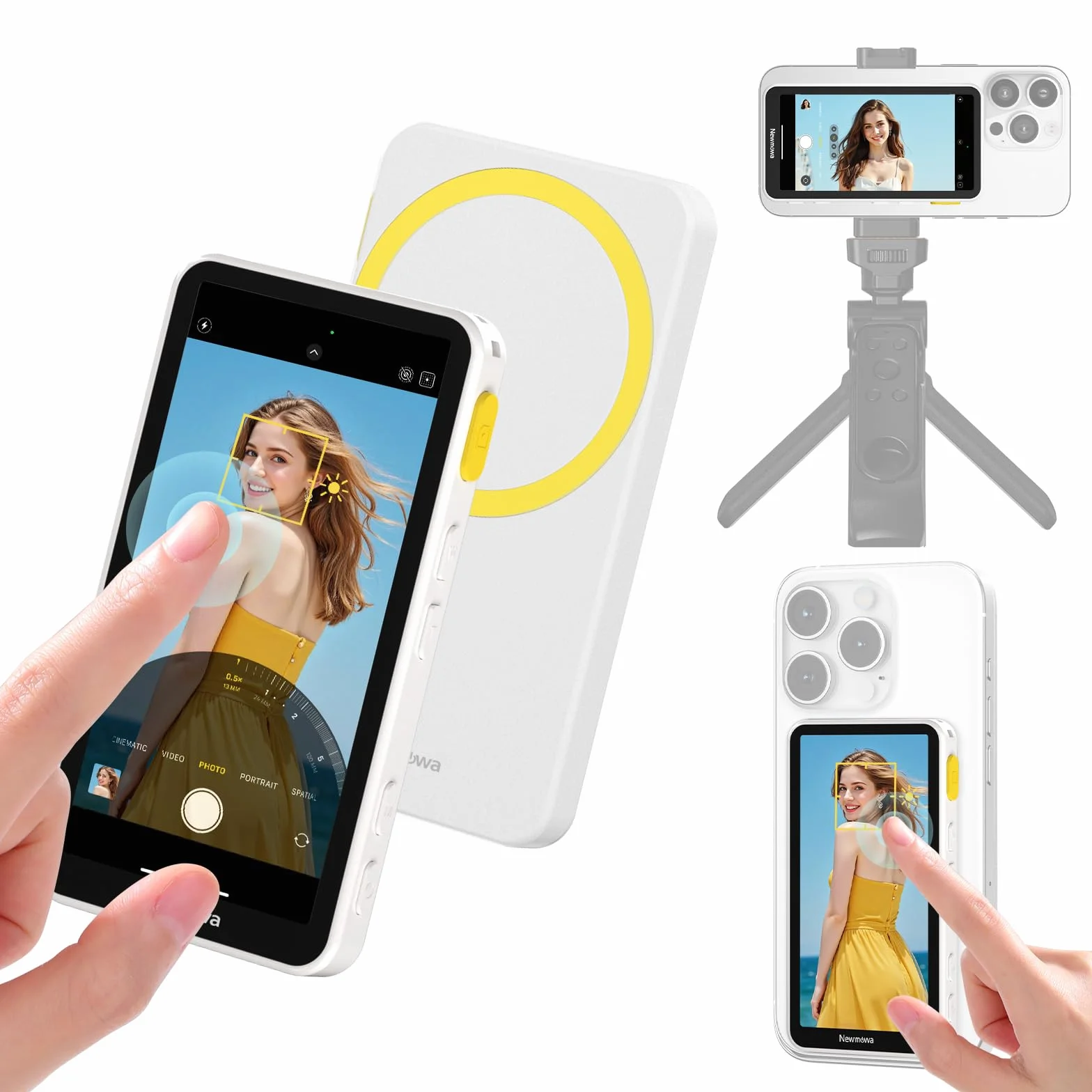 Newmowa Magnetyczny Selfie Monitor Ekranem Dotykowym,z Zoomem, Nagrywanie Bezprzewodowe 1080P,Tylna Kamera Telefonu do Vlog TikTok,Kompatybilny z iPhone(Nagrywanie 4K 30fps Tylko dla iPhone 15/16/17)