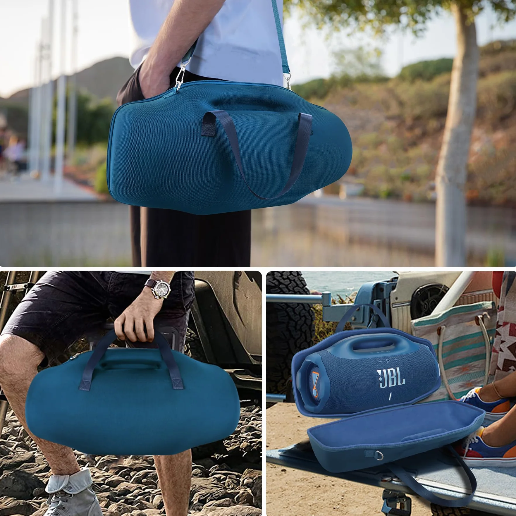 co2CREA Twarde etui podróżne z mini torbą na akcesoria i paskiem na ramię do głośnika Bluetooth JBL Boombox 3 WiFi/Boombox 2, NIEBIESKI, Fits JBL Boombox 4, Nowoczesny