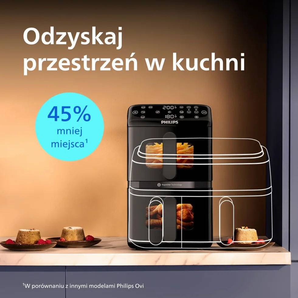 Philips Ovi z serii 4000 z podwójnym koszem 10L – Technologia RapidAir, Synchronizacja, 2 posiłki jednocześnie, 45% mniej miejsca na blacie, Powłoka ceramiczna bez PFAS, Okienka podglądu (NA460/00)
