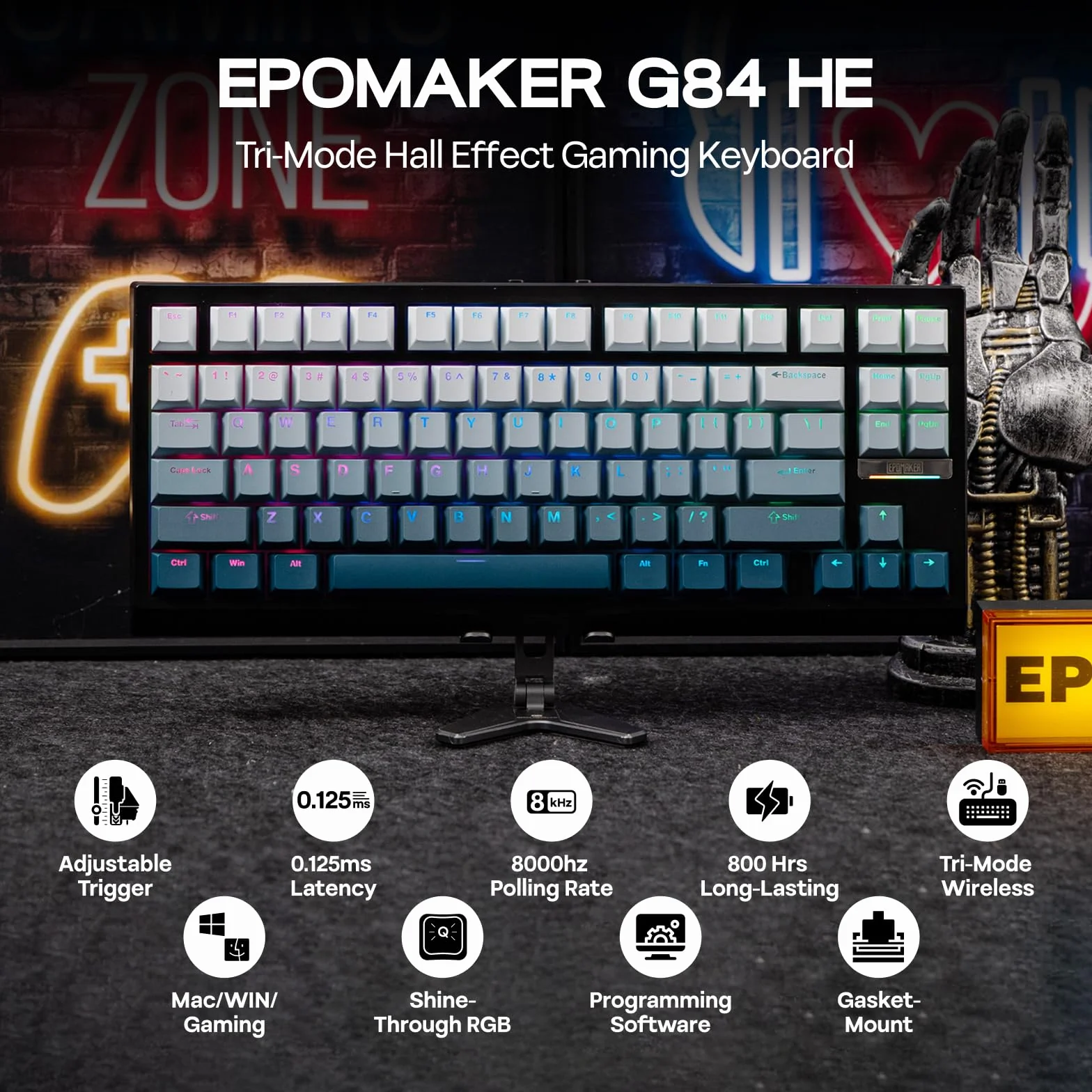 EPOMAKER G84 HE bezprzewodowa klawiatura z efektem Halla, 8K Polling i 8000 mAh, SOCD i DKS, klawiatura do gier z szybkim wyzwalaczem i regulowanym uruchomieniem, podświetlana RGB, nasadka klawiszy