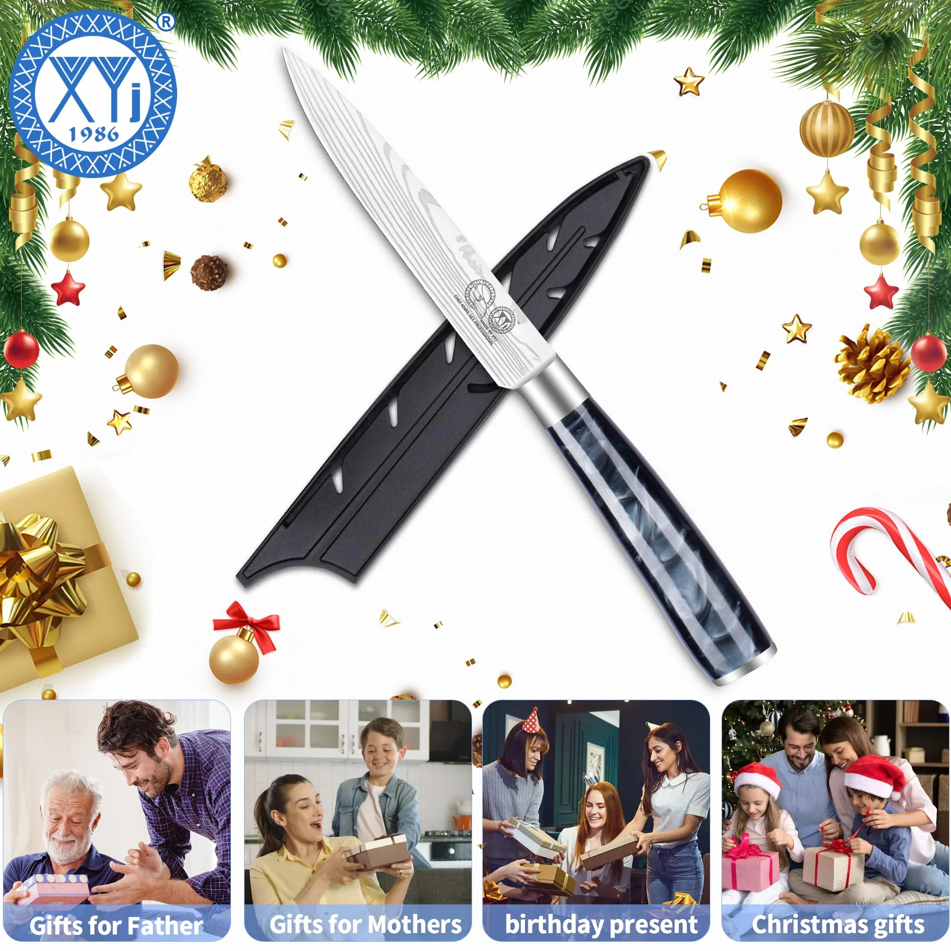 XYJ Kitchen Utility Knife,5 Inch Stainless Steel Steak Knife,Laser Damascus Pattern,Japanese Chef Knife Kitchen Cutlery,Meat Knife With Cover,Resin Handle