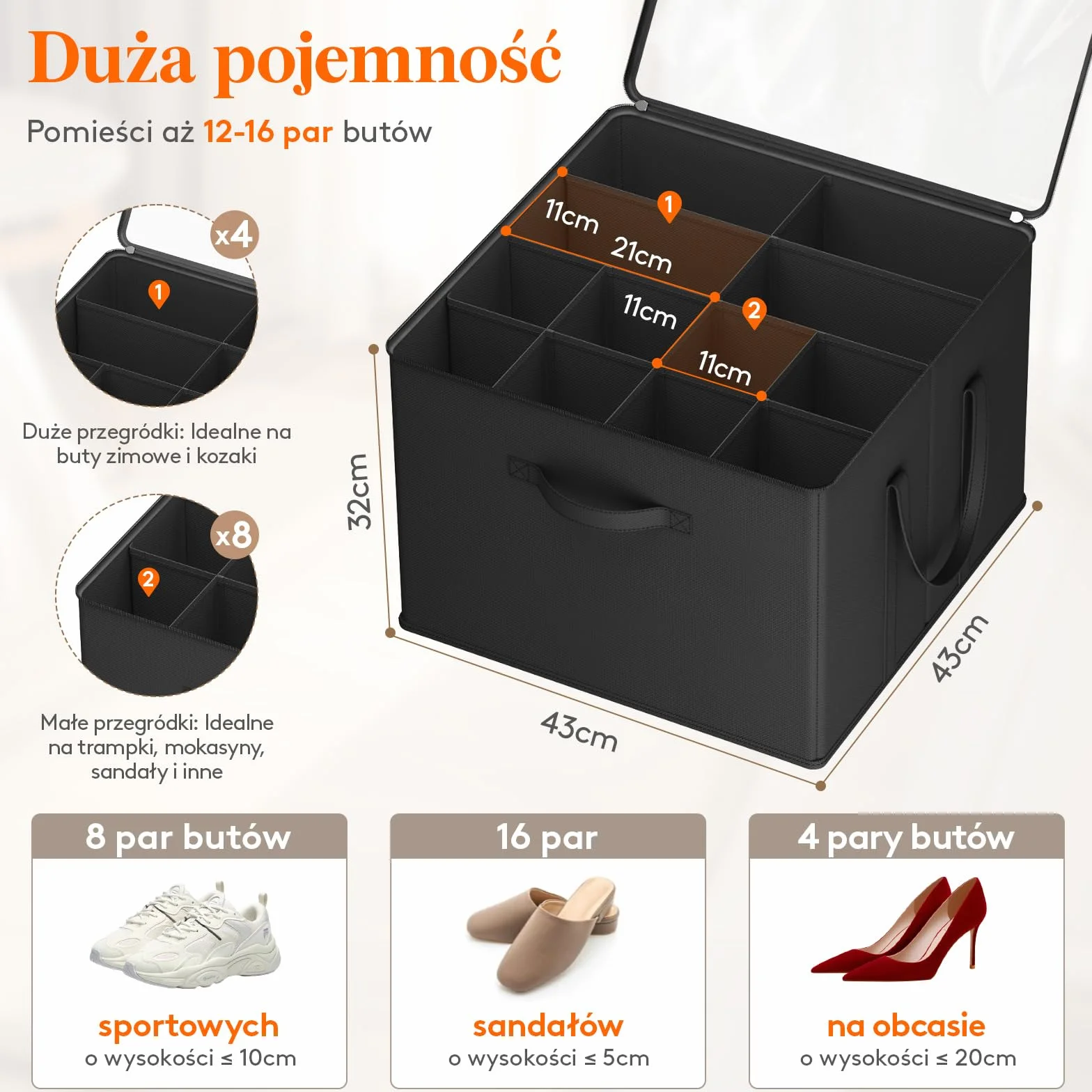 Lifewit Organizer do przechowywania butów, pasuje do 12-16 par, duży pojemnik z przezroczystą pokrywą i wzmocnionymi uchwytami