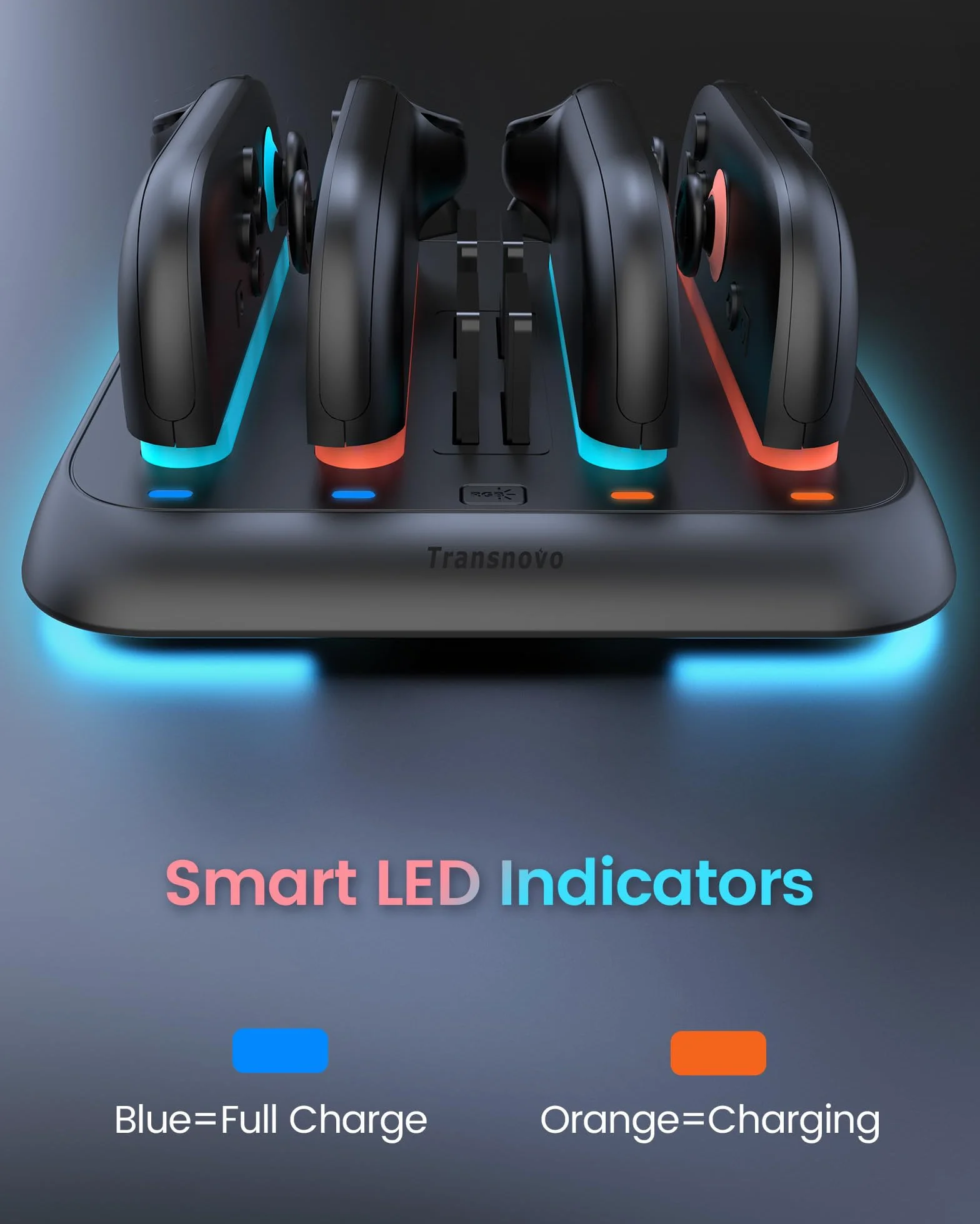 TRANSNOVO Stacja ładująca do Nintendo Switch 2, 4-krotna stacja ładująca z 4 pamięciami kart do gry, wskaźniki LED, 9 trybów otoczenia RGB, zintegrowany stojak do jednoczesnego ładowania 1-4 Joy-Cons