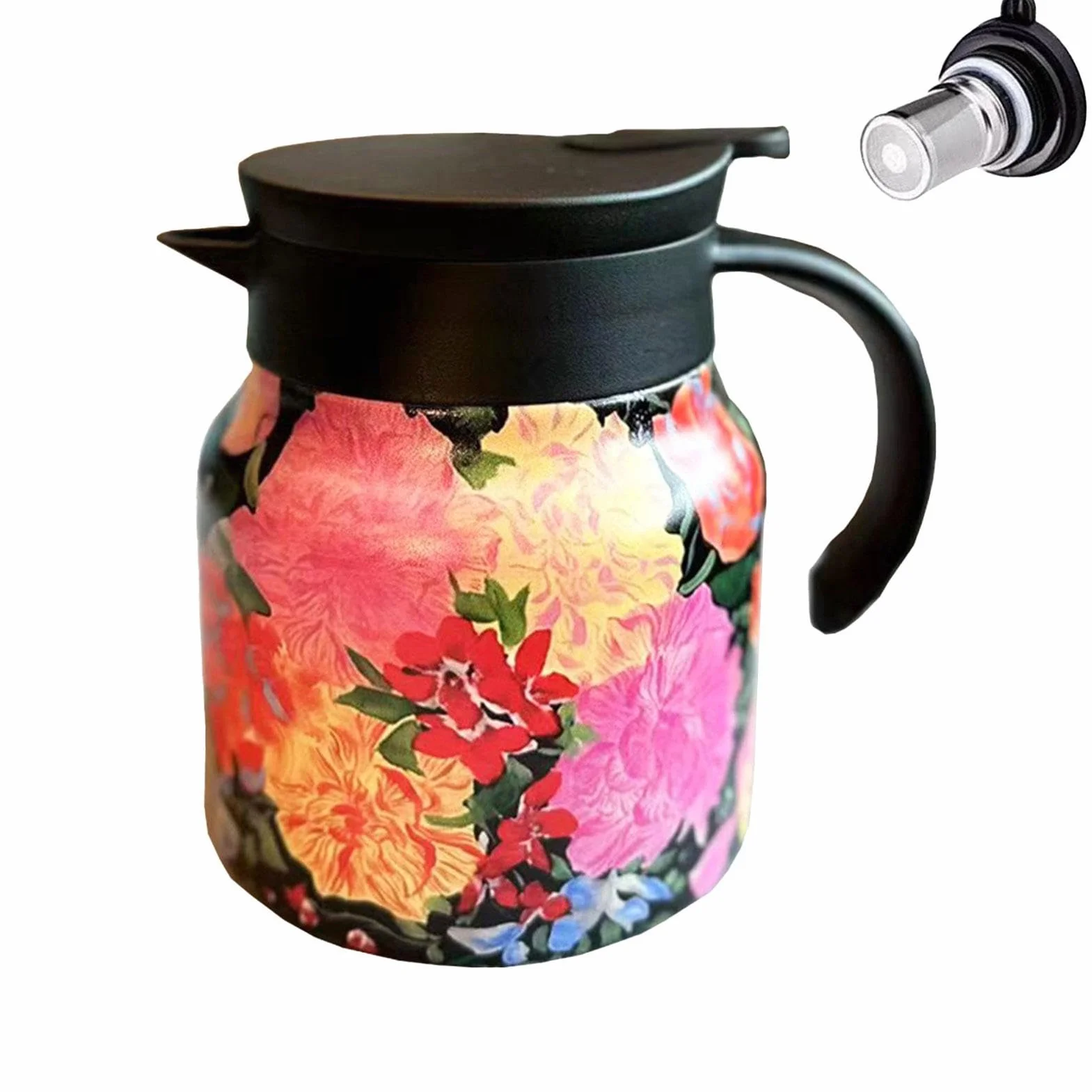 Termo do herbaty z zaparzaczem – 800 ml, termiczny dzbanek do herbaty, izolowany czajniczek z kwiatowym wzorem, czajnik zatrzymujący ciepło, próżniowy garnek termiczny ze stali nierdzewnej do