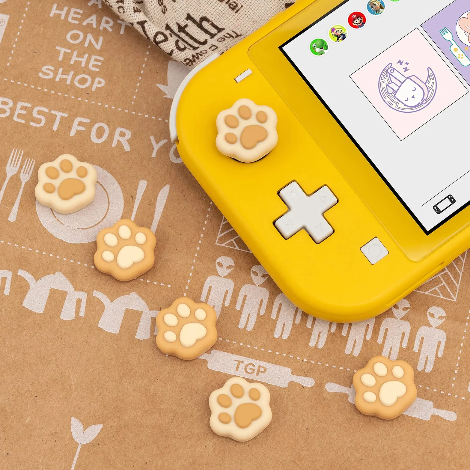 GeekShare Cat Paw Shape Thumb Grip Caps, Soft Silicone Joystick Cover Compatible with Switch/OLED/Switch Lite (Brown & Yellow)