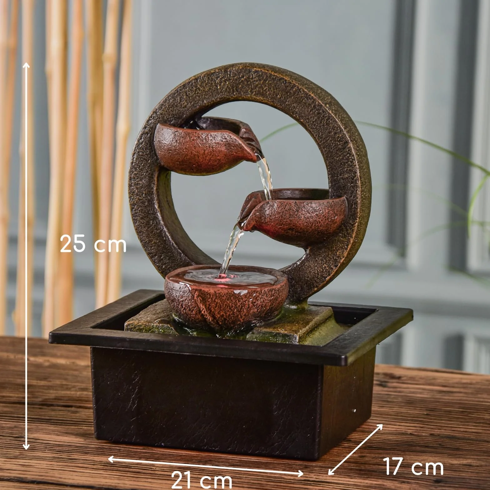 ZEN'LIGHT, Zen Terai Fontanna, Oryginalna dekoracja wnętrz, naturalny przepływ wody - oświetlenie LED, cicha pompa, szer. 17 x szer. 21 x wys. 25 cm