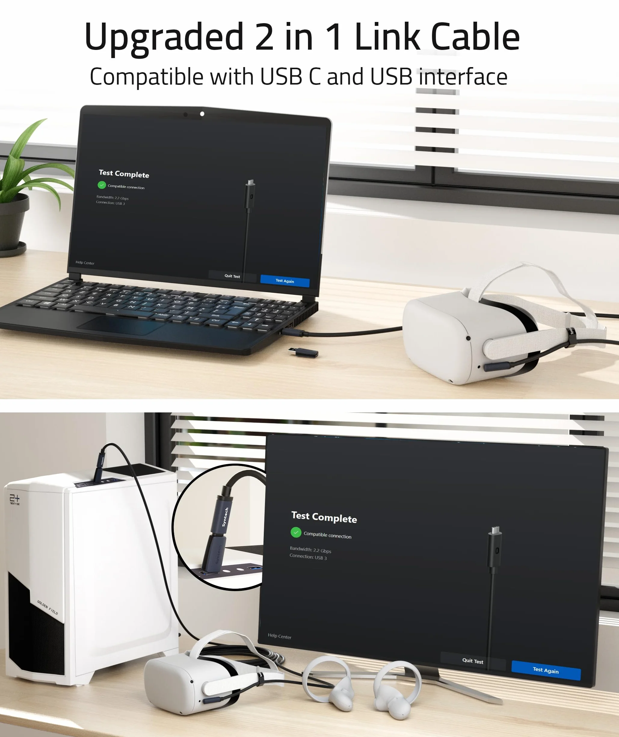 Syntech Kabel łączący kompatybilny z Meta/Oculus Quest 3S/Quest 3/Quest2/Pro/Pico 4/Ultra oraz PC/SteamVR, 5 metrów, ulepszony kabel z adapterem USB 3.0, szybki przewód do przesyłania danych do kasku