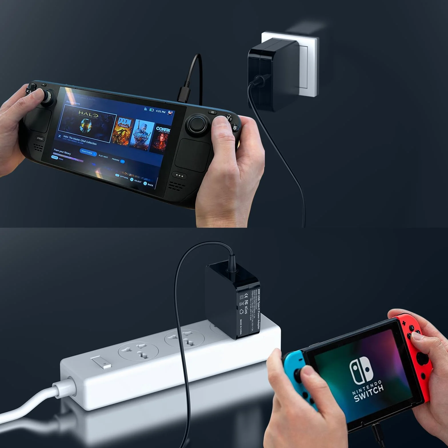 Ładowarka 45 W kompatybilna z Nintendo Switch Steam Deck/Lite/OLED, szybka ładowarka USB C 20 V/2,25 A, kabel ładujący 15 V/3 A do telefonów komórkowych typu C
