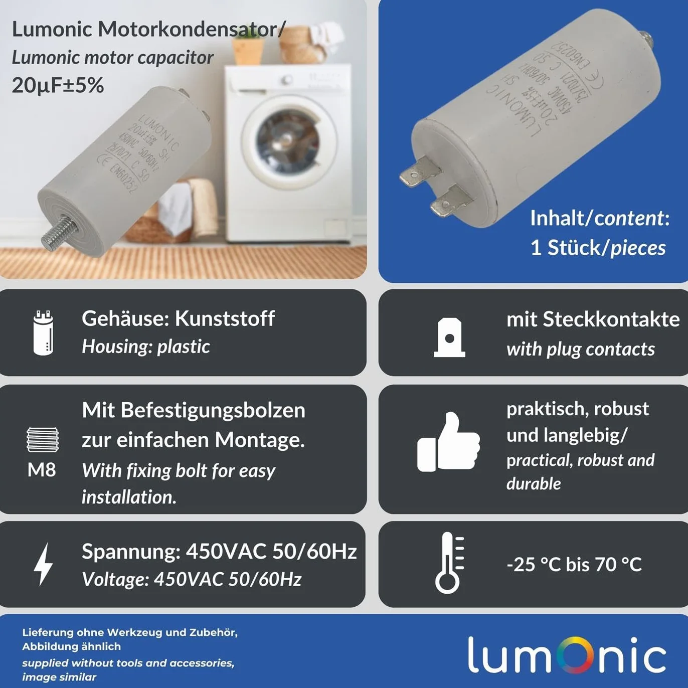 Lumonic Kondensator rozruchowy 20µF 450V | z WtyczkaX I 38x75mm I 20uF I Kondensator silnikowy z plastikowa obudowa I Kondensator operacyjny I do pomp, kosiarek, narzedzi