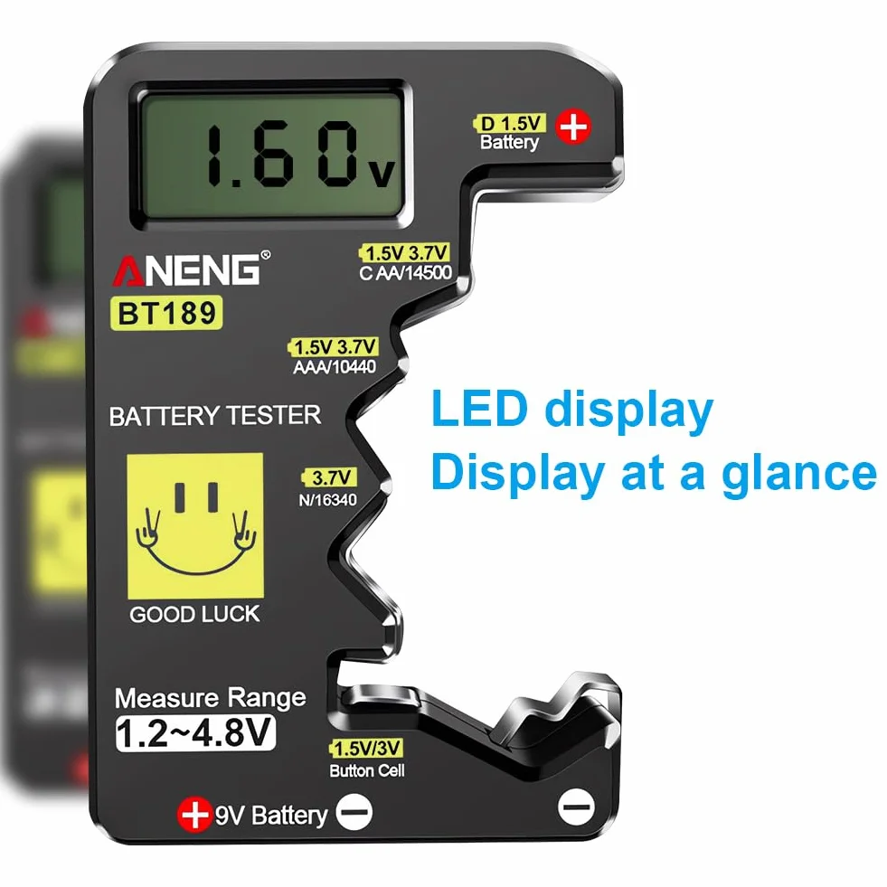 AXFEE Cyfrowy tester baterii, uniwersalny tester baterii, uniwersalny wyświetlacz LCD do sprawdzania baterii, przenośna pojemność baterii do AA AAA C D N 10440 16340 9V 1,5 V przycisk baterii
