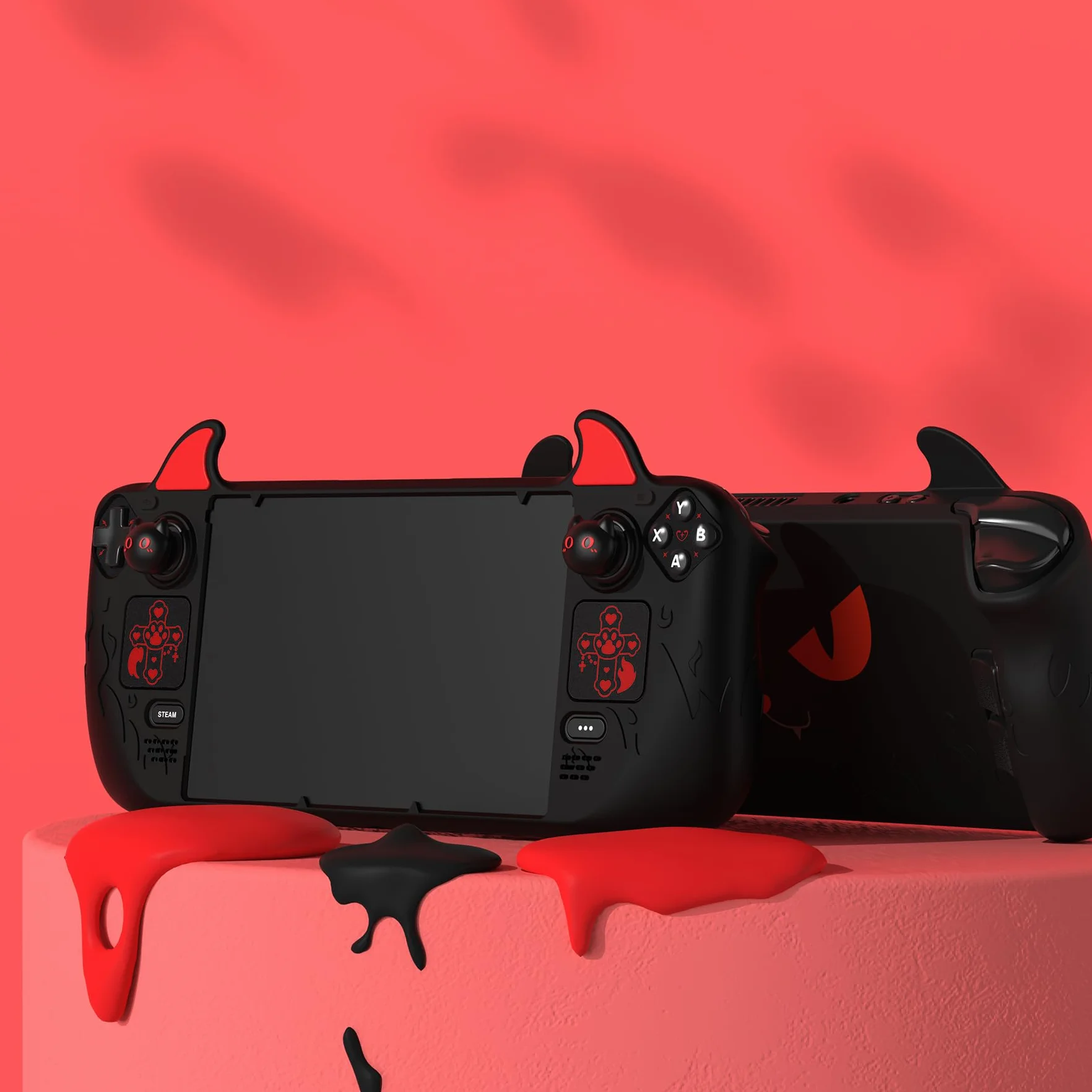 PlayVital Osłona do Steam Deck OLED/Steam Deck z Nakładkami na Joystick & Przyciskami & Naklejkami Trackpady,Ochronna Osłona Silikonowa Antypoślizgowa- Czarna, Uroczy Demon