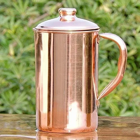 Ręcznie robiona dzban na wodę z czystej miedzi z pokrywką, dzbanek do przechowywania wody do domu, biura i podróży - opakowanie 1 dzban z miedzi (1500 ml)