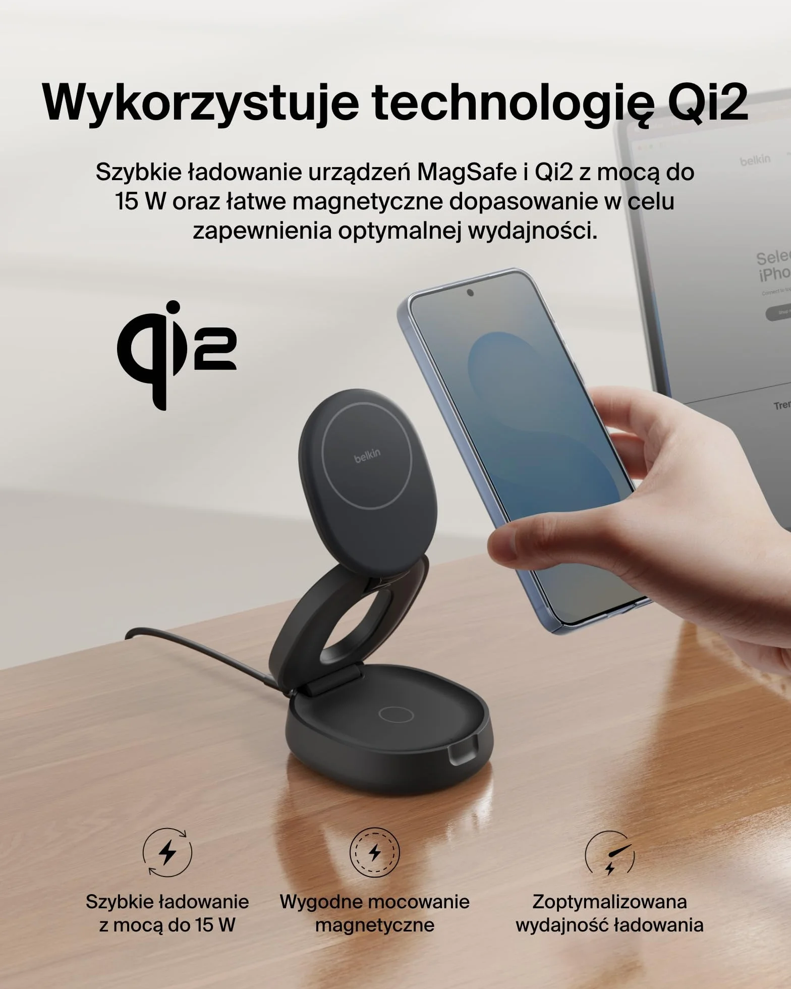 Belkin 2 w 1 Przenośna ładowarka Bezprzewodowa, Rozkładana Bezprzewodowa Stacja ładująca o mocy 15 W, zgodna z MagSafe ładowarka Qi2 do urządzeń iPhone 16 i AirPods, w zestawie ładowarka 30 W – Czarna