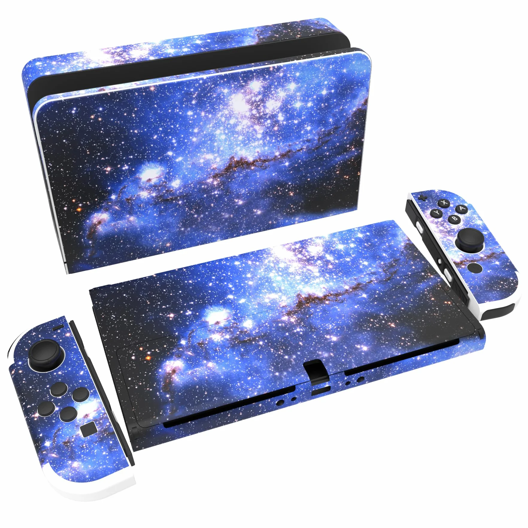 PlayVital Naklejka Skóry do Switch OLED Stickers Vinyl,Skórka Naklejki do Switch OLED Console & Joycon & Dock & Grip-Niebieska Galaktyka