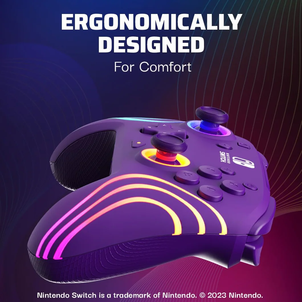 PDP Afterglow Wave Wireless Pro Controller with Full Motion for Nintendo Switch, Nintendo Switch - OLED Model, 8 RGB LED Lighting Zones, 30 Foot Range, 20 Hour Rechargeable Battery Purple