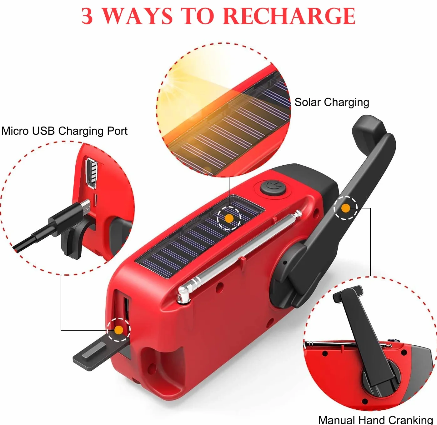 Awaryjne radio solarne, samodzielne radio korbowe z latarką LED, alarm SOS, AM/FM, radio z akumulatorem 2000 mAh, do awaryjnego ładowania smartfona