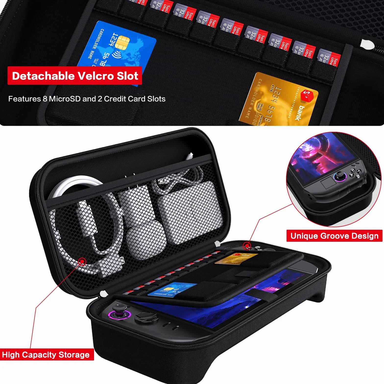 iVoler Twarde etui do Lenovo Legion Go Gen 2, odporna na wstrząsy torba transportowa z miejscem do ładowania stacji dokującej, zawiera 8 kart MicroSD i 2 kart kredytowych, czarny
