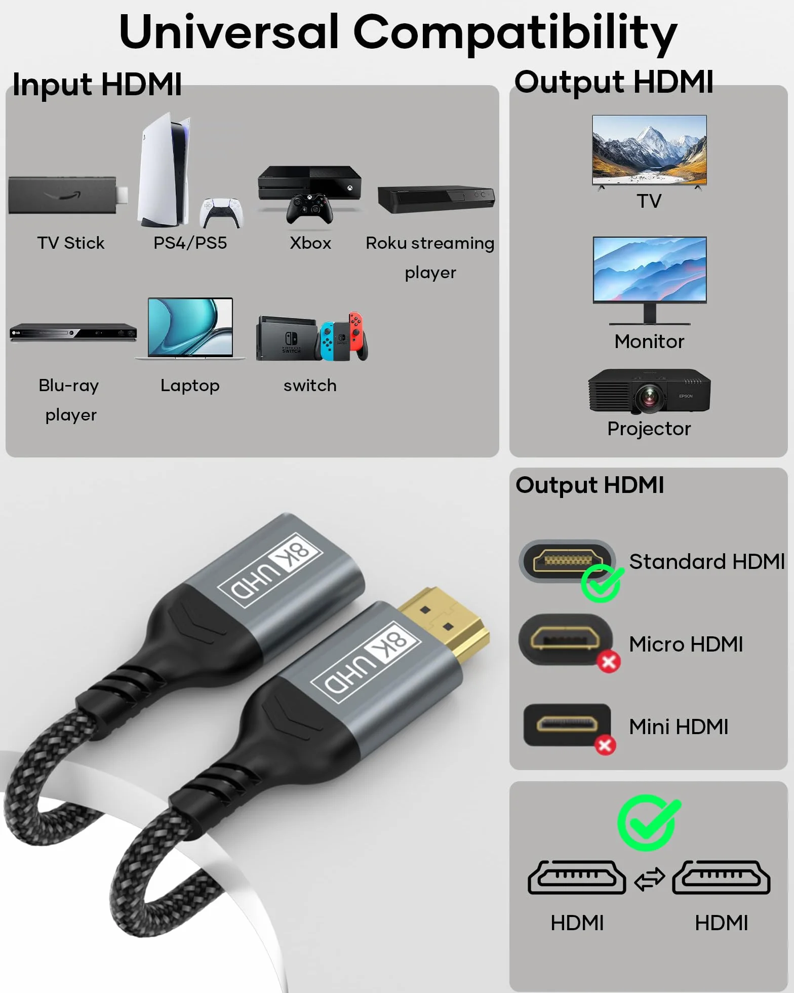 Kabel przedłużający HDMI 0,2 m, Kabel HDMI 2.1, męski na żeński, HDMI 8K, 60 Hz, 4K, 144 Hz, 48 Gb/s, UHD, eARC HDCP 2.3, kompatybilny z TV Stick Roku, Xbox PS5, PS4 HDTV