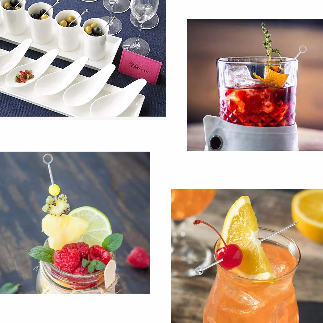 Zestaw patyczków koktajlowych 20 szt. patyczków do owoców ze stali nierdzewnej, wielokrotnego użytku kostki do napojów przystawki wykałaczki do Martini, 4 style, srebrne