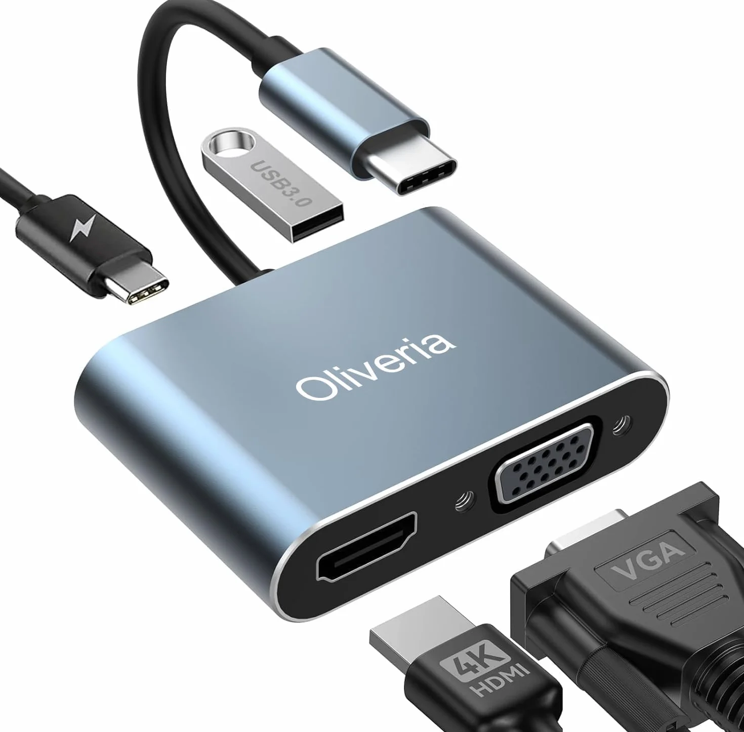 Oliveria 4K 30 Hz 4-w-1 USB C Multiport Adapter - HDMI VGA Thunderbolt 3, PD 100 W złącze ładowania, USB 3.0 do MacBook/MacBook Pro/Air, Chromebook, Dell, HDTV, Galaxy