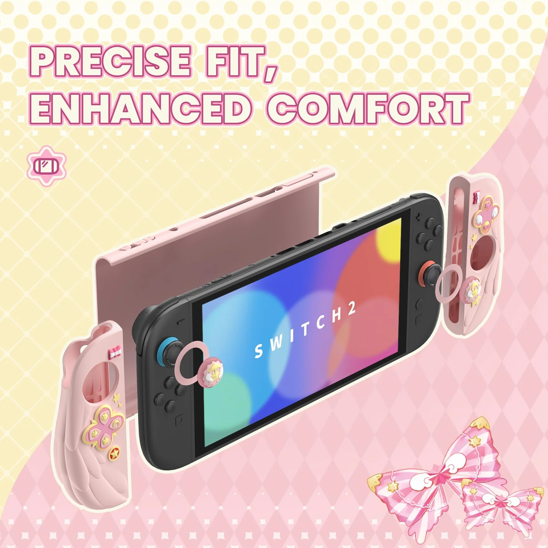 PlayVital Etui na Konsolę do Switch 2 Akcesorium z Silikonowymi Osłonami Joycon & Nakładkami na Joysticki do Switch 2,Dockowalne Ochronne-Różowe, Styl Magiczne Skrzydła