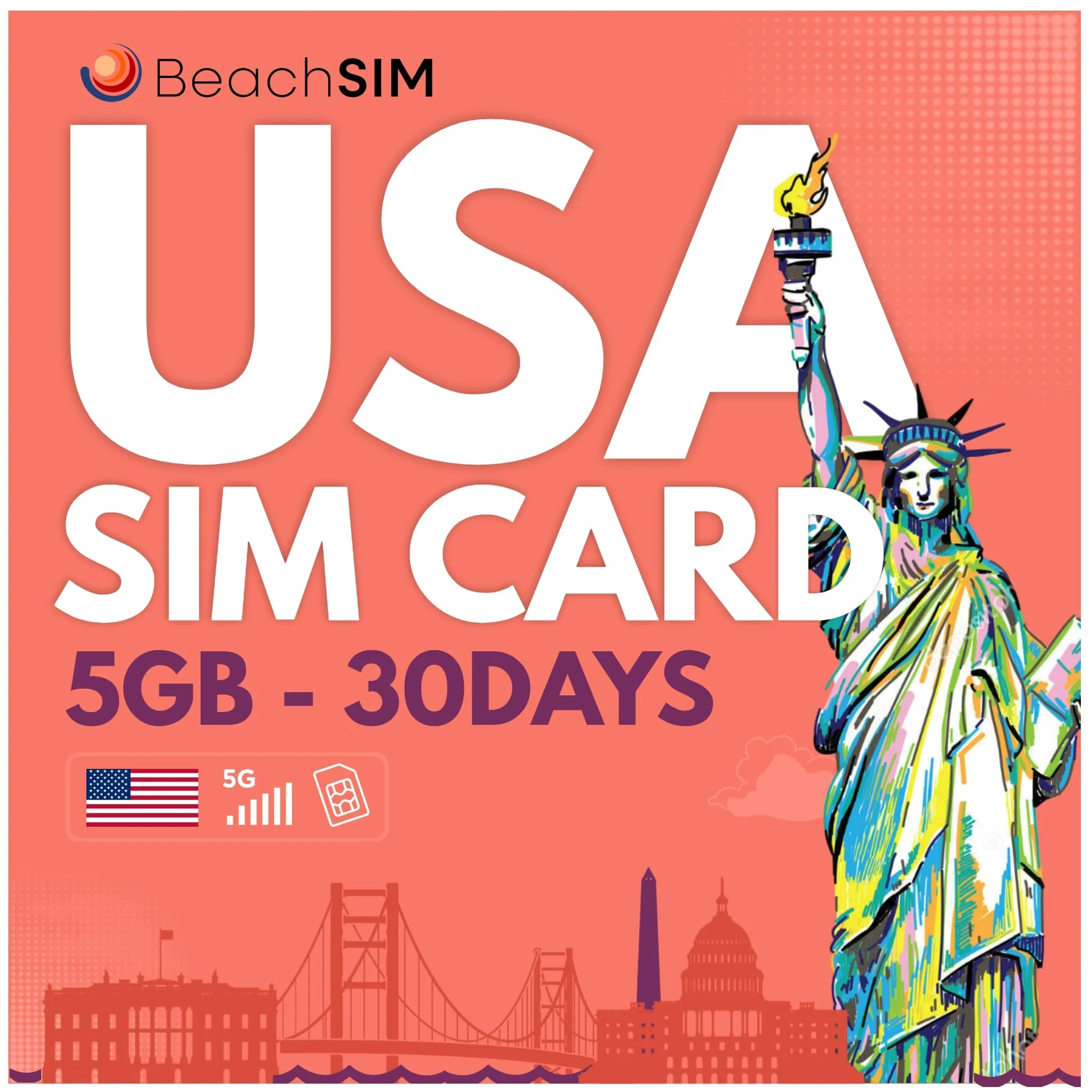 Karta SIM USA na 30 dni. 5GB danych przy prędkościach 4G/5G. Karta SIM tylko do transmisji danych. Szybka aktywacja. Łatwe doładowanie. Działa na urządzeniach z systemem iOS i Android.