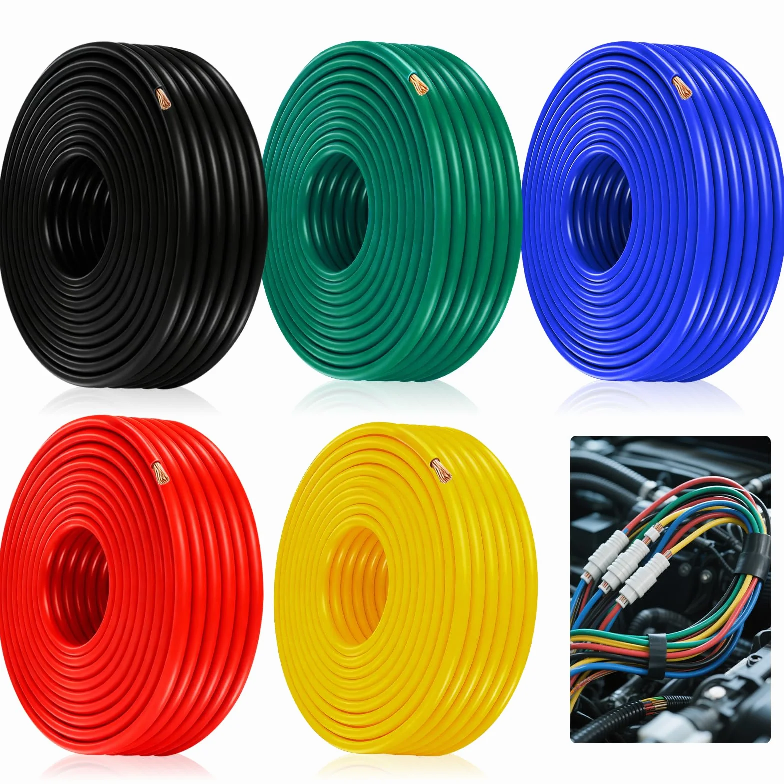Przewód samochodowy 1,5 mm², zestaw, 5 m x 5 kolorów FLRY-B, kabel miedziany PCW, kabel do akumulatora, kabel zasilający, przewód samochodowy, czerwono-czarno-niebiesko-zielono-żółty, 5 m