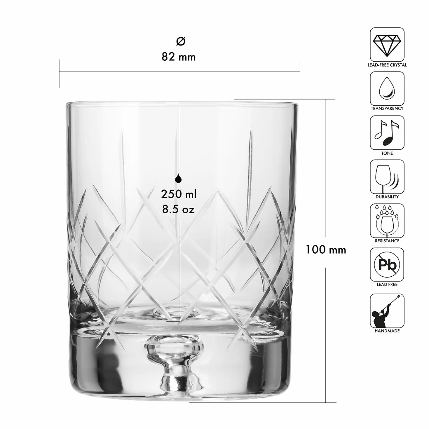 KROSNO Szklanki do Whisky 250 ml, 4 Sztuki Saga, Kryształowe, Szlifowane, Ręczna Produkcja, Klasyczne Szklanki do Alkoholu