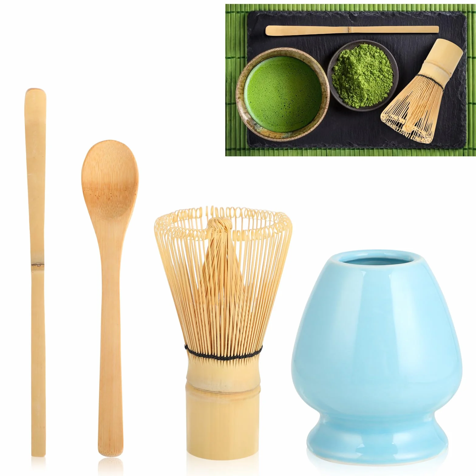 matcha - 4-częściowy zestaw herbaty matcha, miotła, miska, chasa i łyżka - akcesoria do postaci emonii (niebieski (bez miski))