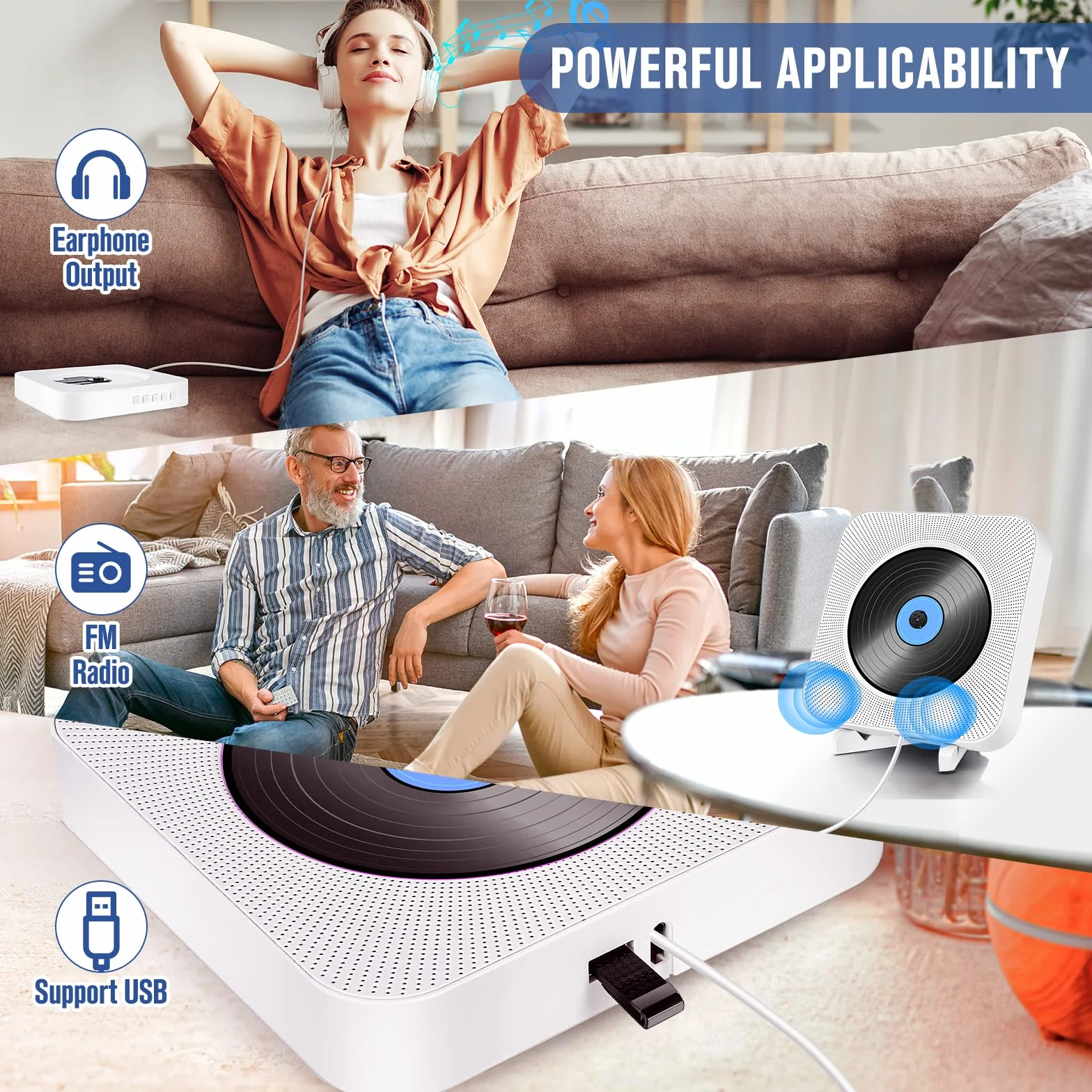 Przenośny odtwarzacz CD ze stojakiem na biurko, odtwarzacz CD Bluetooth, odtwarzacz muzyki w domu, obsługuje FM, port USB, wejście AUX, wyjście z regulowanym stelażem kątowym