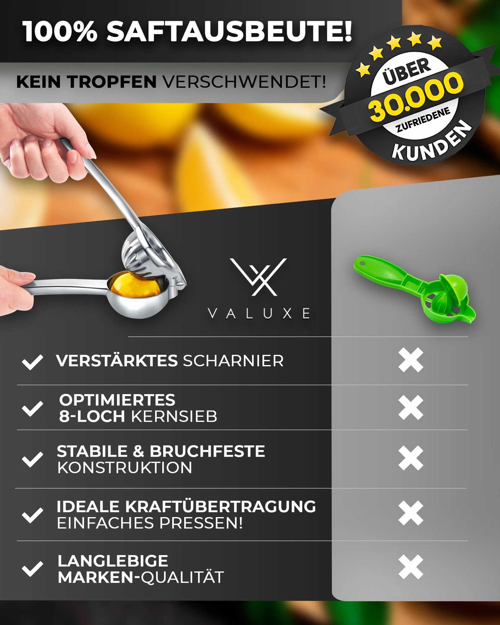VALUXE® Premium wyciskarka do cytryn ze stali nierdzewnej - ręczna wyciskarka do cytrusów na cytryny, limonki i małe pomarańcze - ręczna wyciskarka do limonek, ręczna wyciskarka do cytrusów