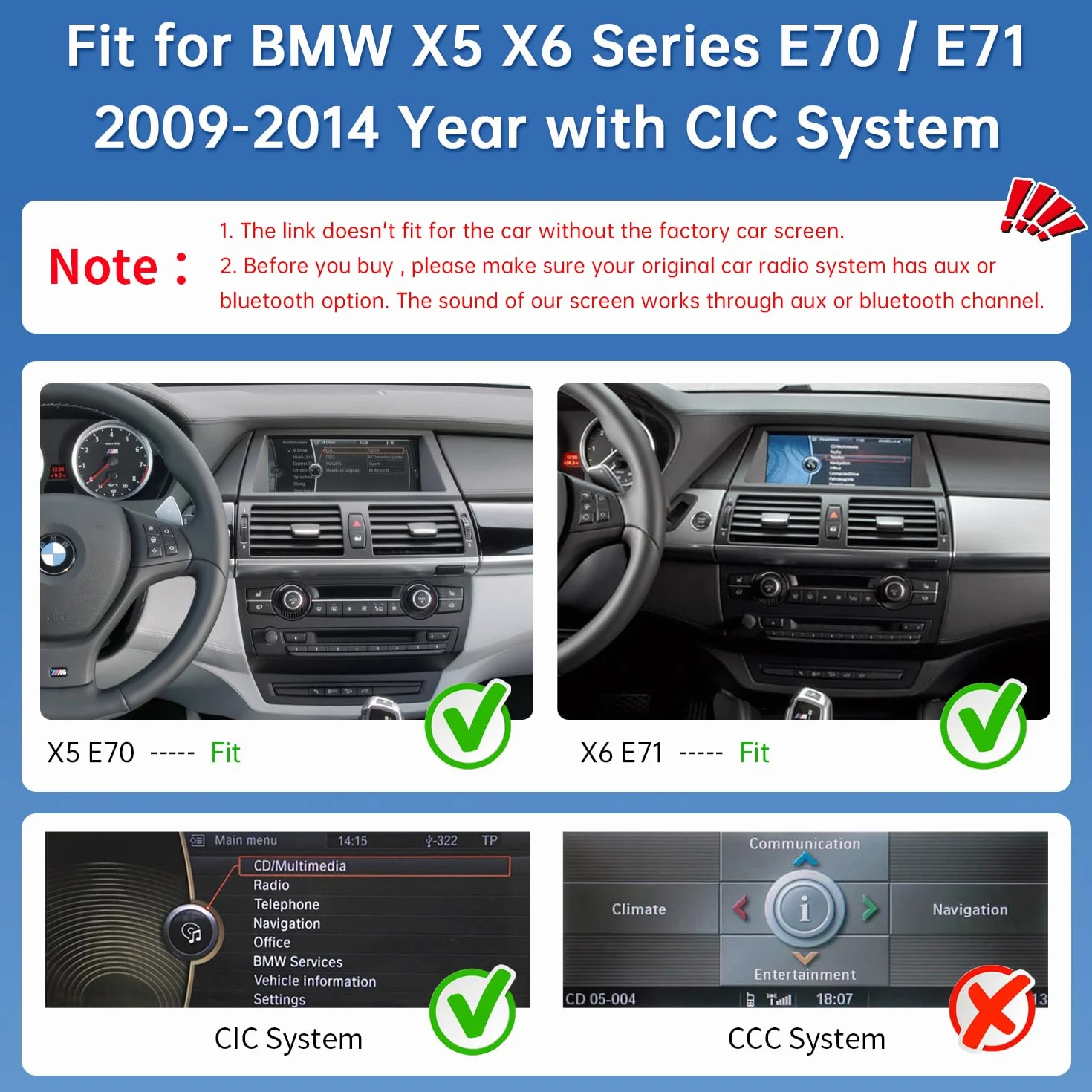 Road Top Ekran CarPlay, 12,3-calowe radio samochodowe stereo dla BMW X5/X6 serii E70/E71 z systemem CIC (2009-2014 rok), radio samochodowe z wąską ramką dla CarPlay/Android Auto/MirrorLink