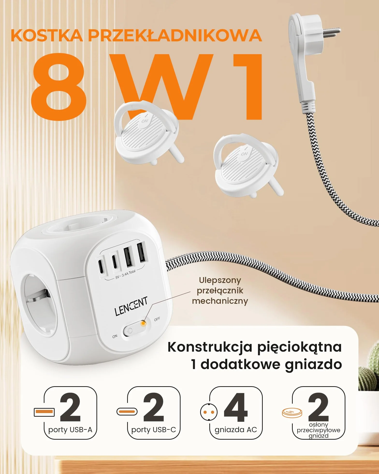 LENCENT Listwa Zasilająca Płaską Wtyczką z 4 Gniazd, Wielokrotna Wtyczka z 2 Metry Kablem w Oplocie, Przedłużacz z 3 Gniazdami USB-A+1Typ-C, 8 w 1 Listwa Zasilająca z Przełącznikiem Gniazdka, Biały