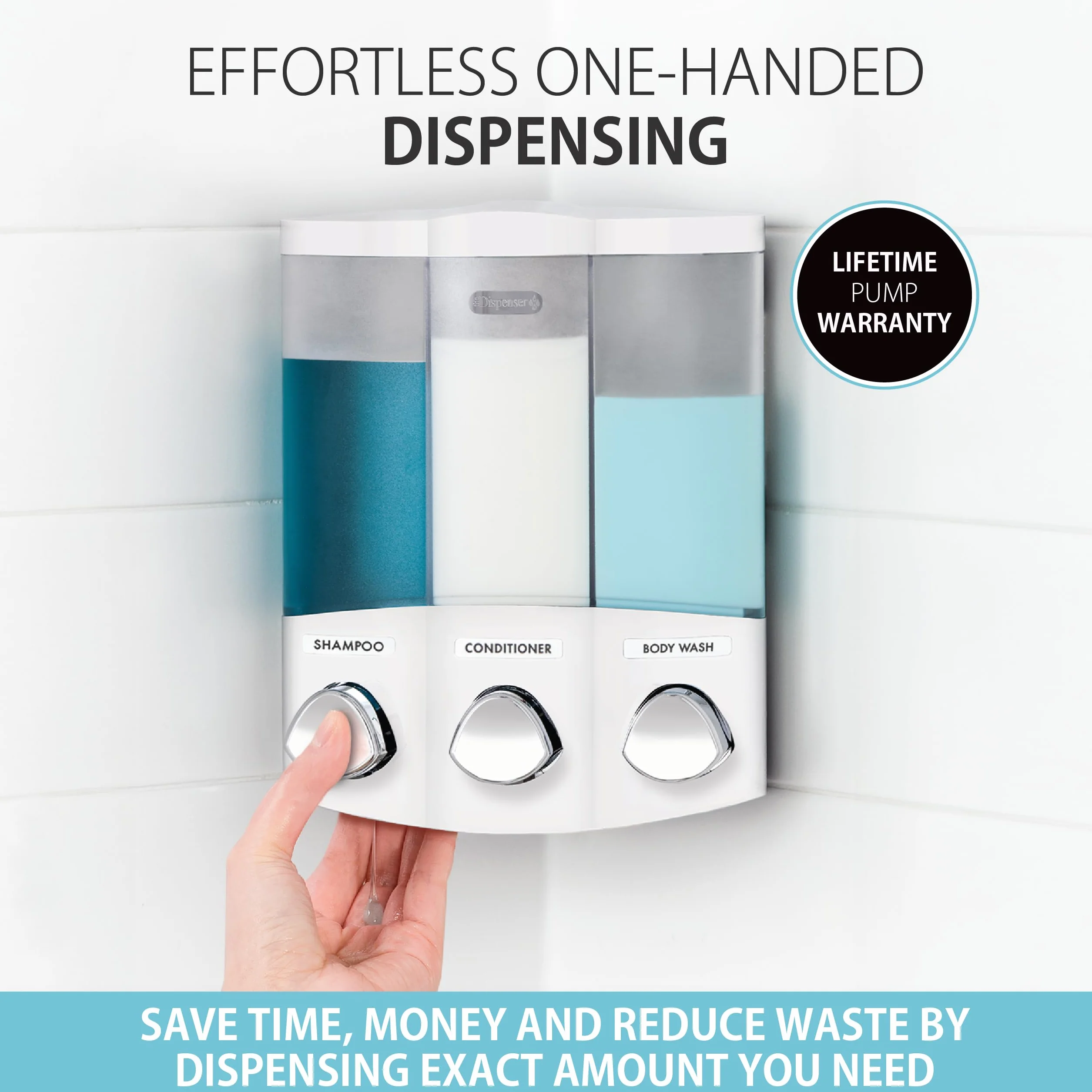 Better Living Products 76354 Seria Euro, Trio 3-komorowy dozownik do mydła i pod prysznic, biały