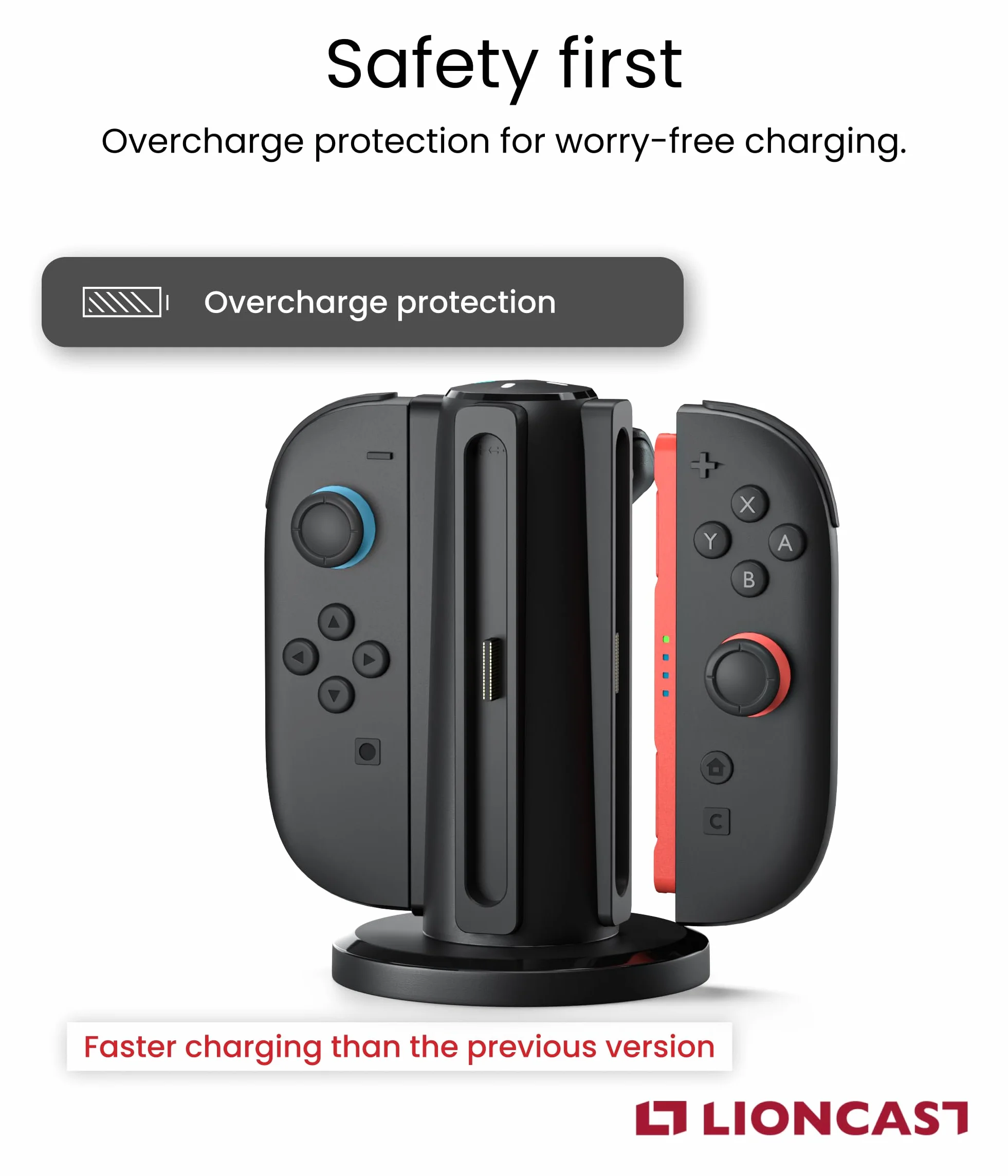 Lioncast Stacja ładująca kompatybilna z kontrolerem Joy Con do Nintendo Switch [ze wskaźnikiem ładowania LED] – uchwyt do kontrolera Nintendo Switch 2, bardzo stabilna podstawa