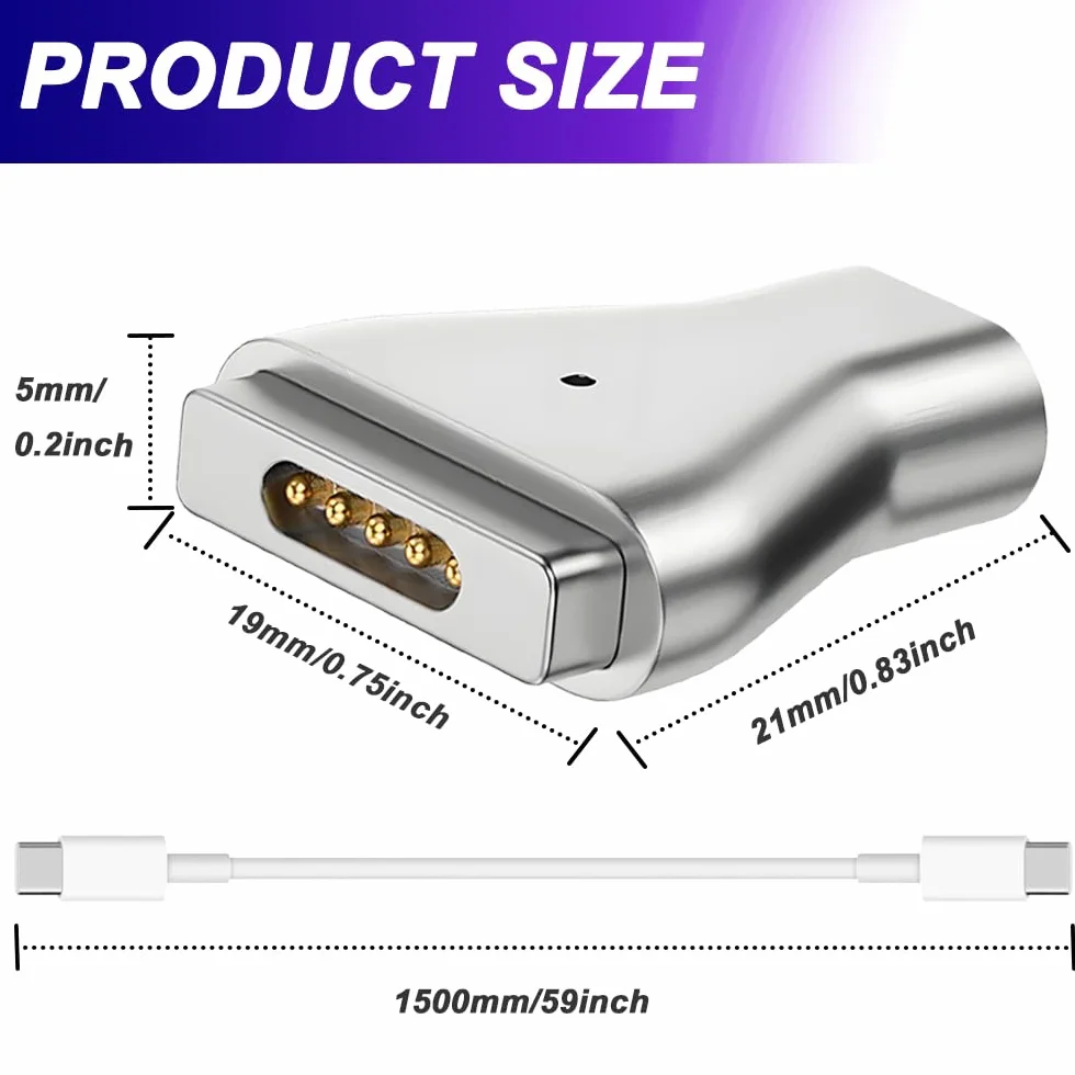 Adapter USB C na magnetyczny, 2 sztuki, typ C na Safe 2 T-Head T-Tip PD 100 W adapter do szybkiego ładowania do Mac Book Air/Pro 11" i 13" (po 2012-2015)