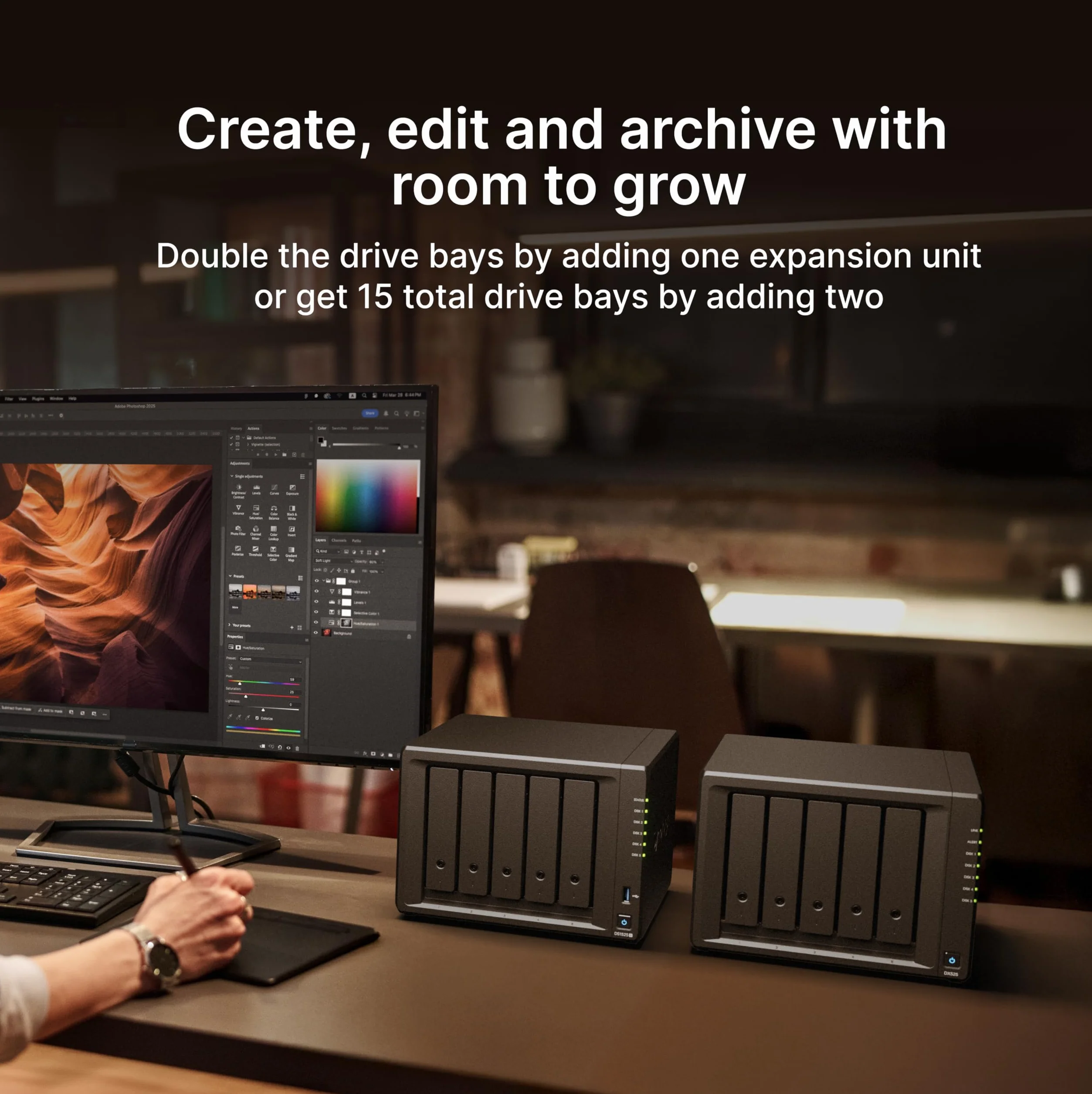 Synology Rozszerzalny zestaw NAS z 5 wnękami, DS1525+ AMD RyzenCPU z pamięcią 8 GB, użytkownicy standardowi 2,5 GbE, autoryzowany sprzedawca krajowy, Field Lake, obsługa telefonu, DiskStation
