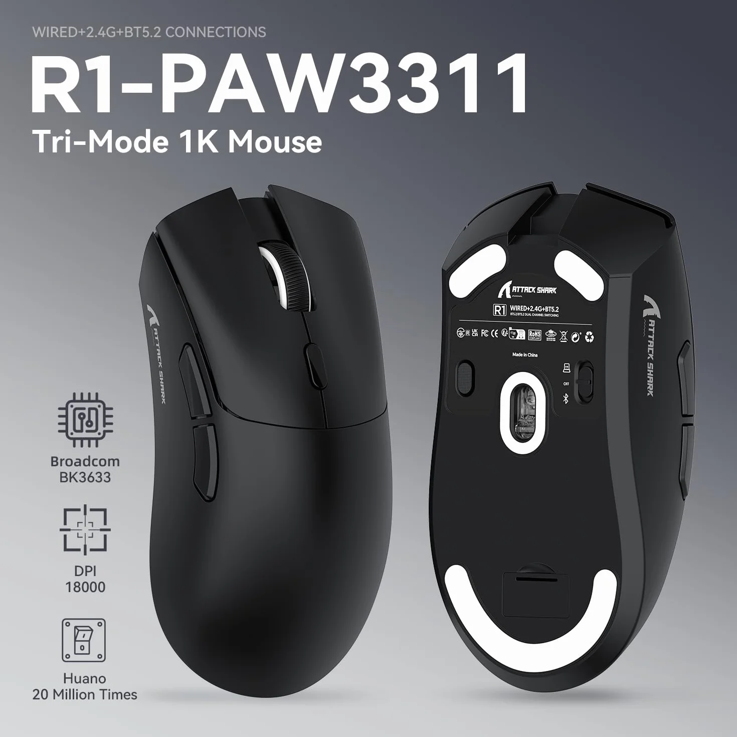 Mysz SUPERLIGHT ATTACK SHARK R1 59 g, czujnik do gier PixArt PAW3311, bezprzewodowa/przewodowa mysz do gier BT/2.4G, 6 regulowanych DPI do 18 000, bateria wystarczająca na 65 godzin (czarna)